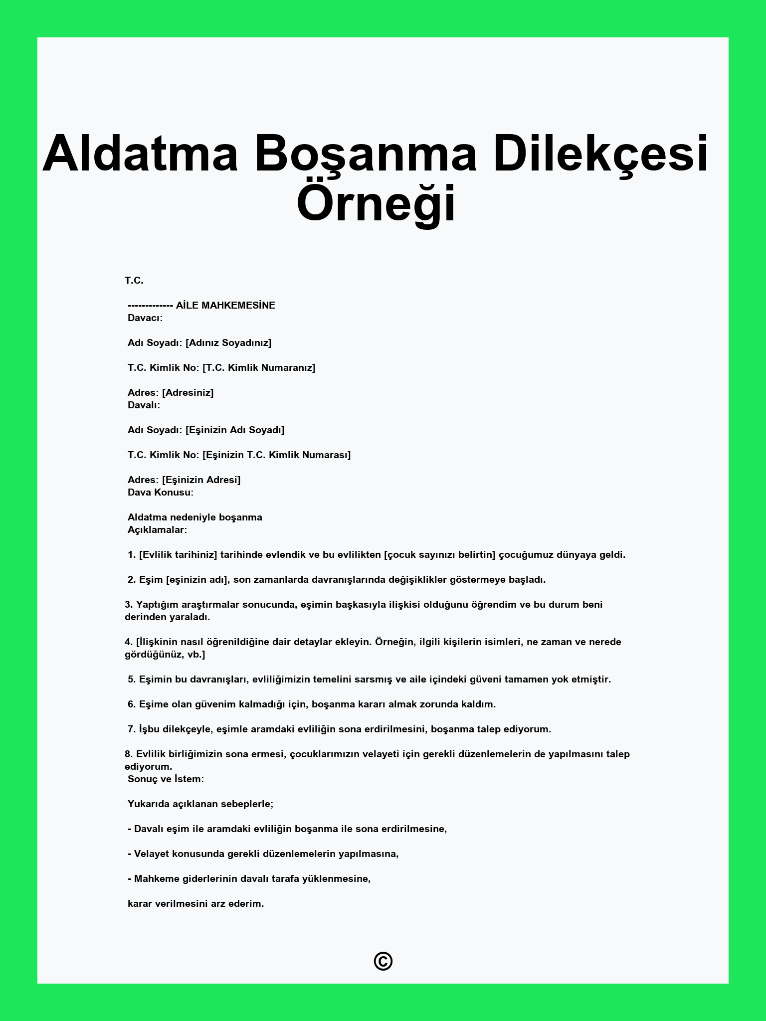 Aldatma Boşanma Dilekçesi Örneği
