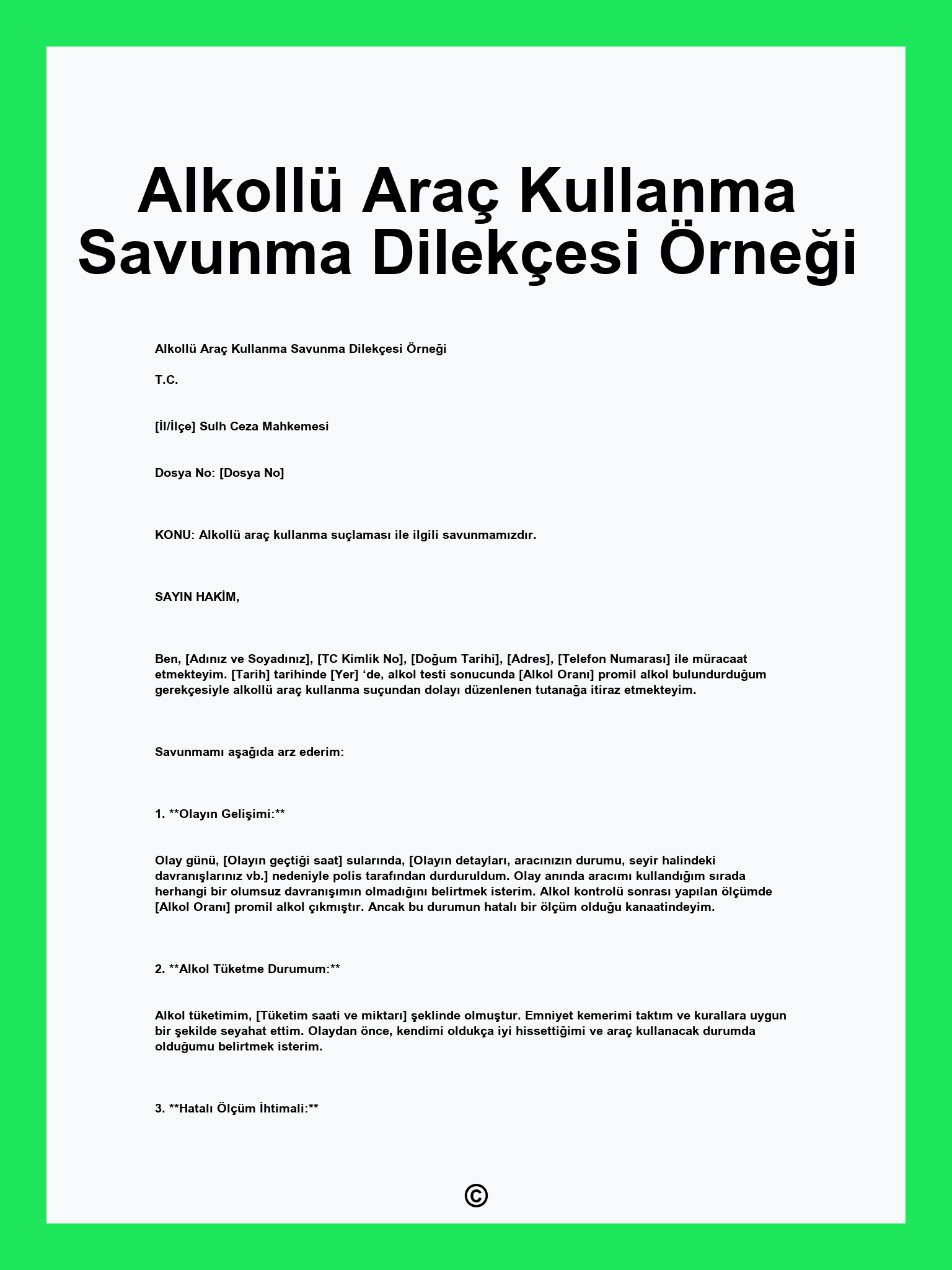 Alkollü Araç Kullanma Savunma Dilekçesi Örneği