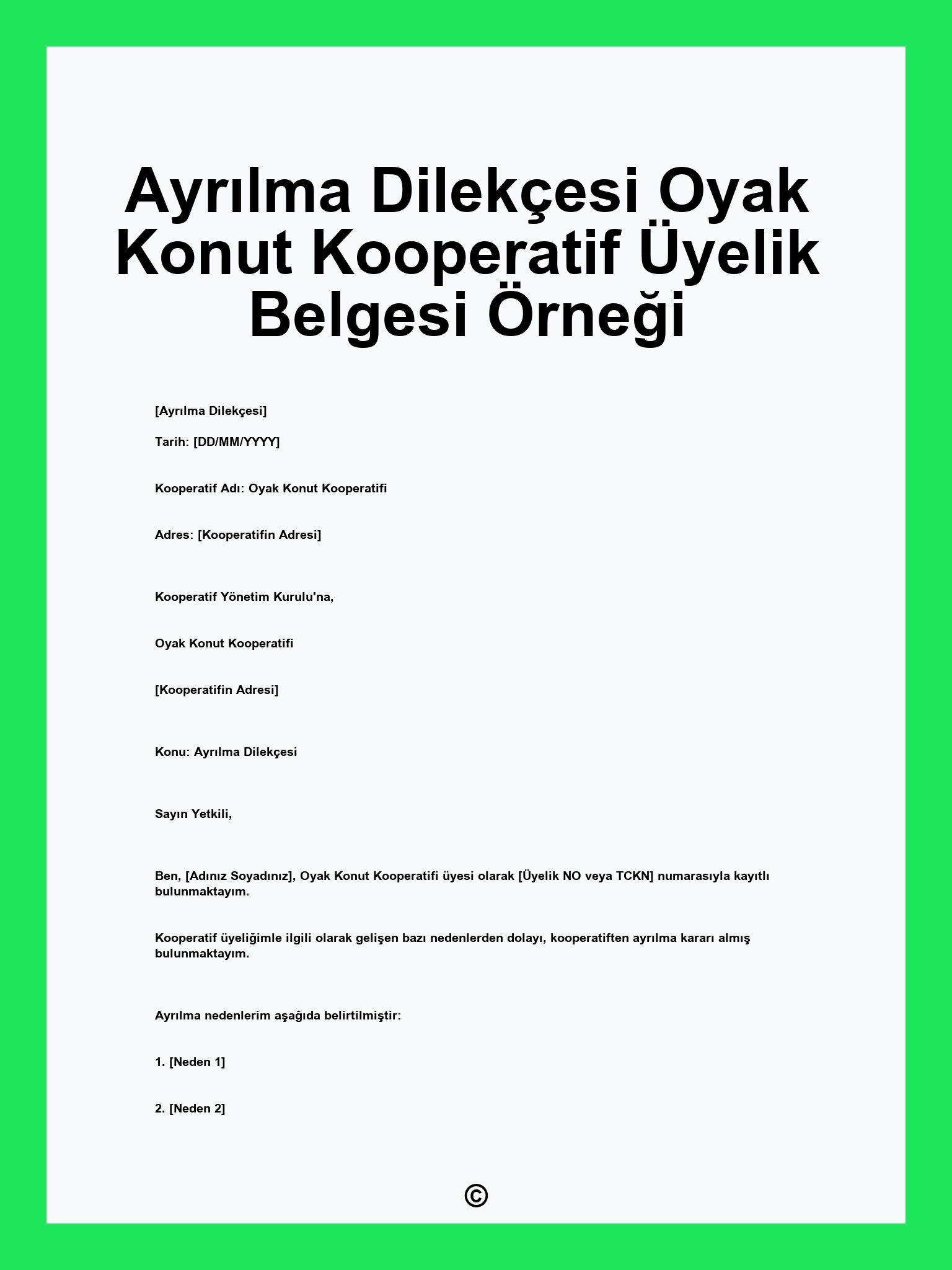 Ayr\u0131lma Dilek\u00e7esi Oyak Konut Kooperatif \u00dcyelik Belgesi \u00d6rne\u011fi