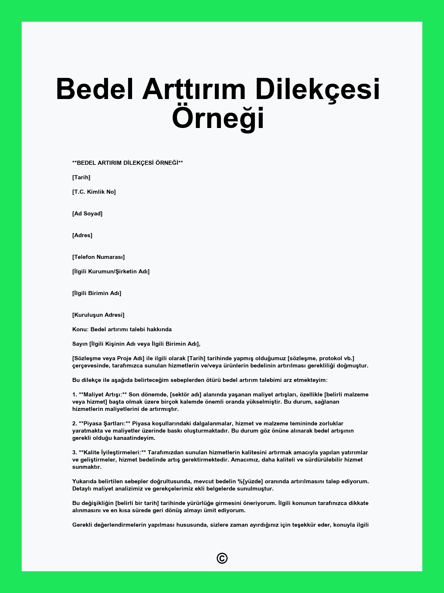 Bedel Arttırım Dilekçesi Örneği