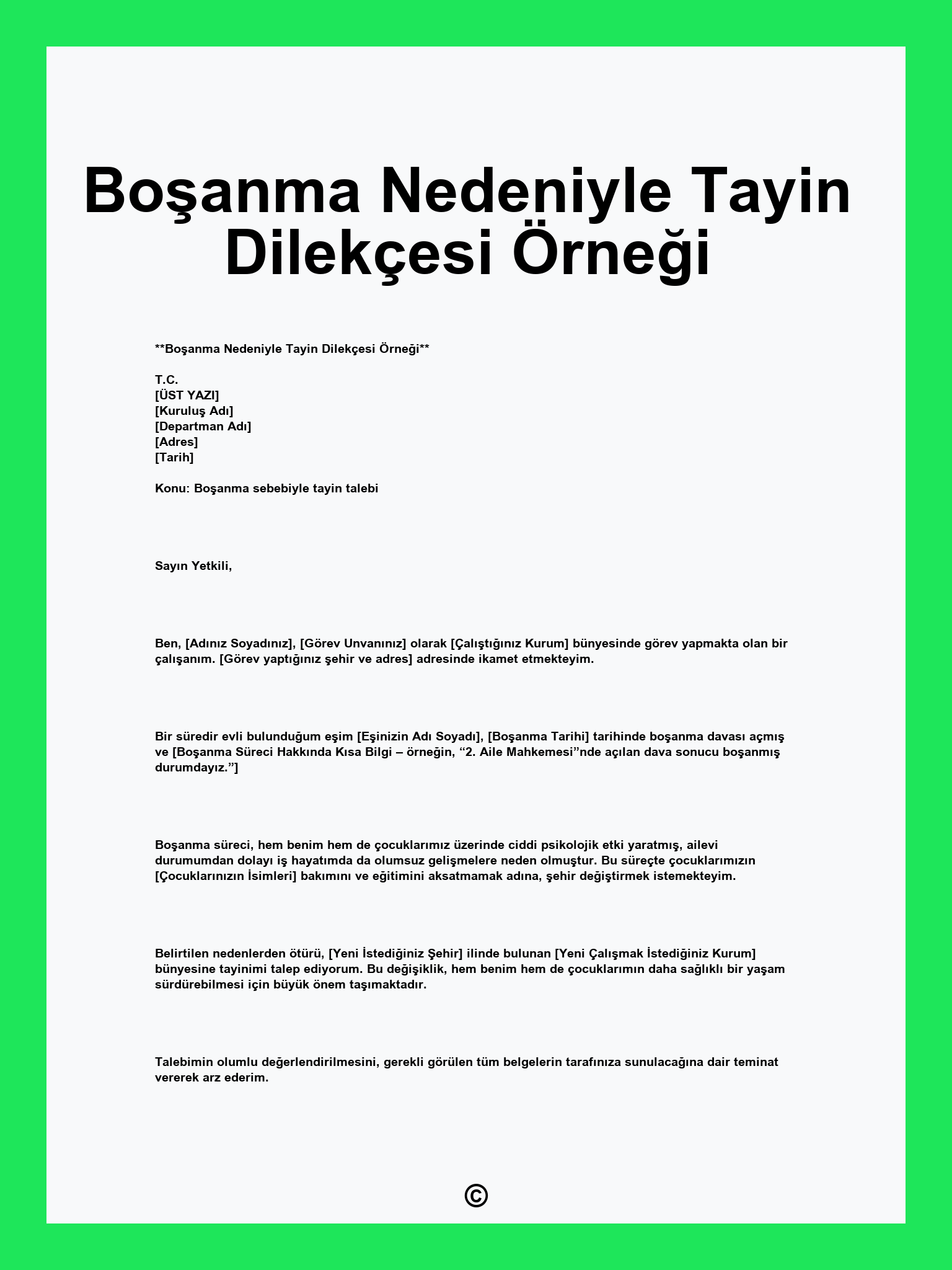 Boşanma Nedeniyle Tayin Dilekçesi Örneği