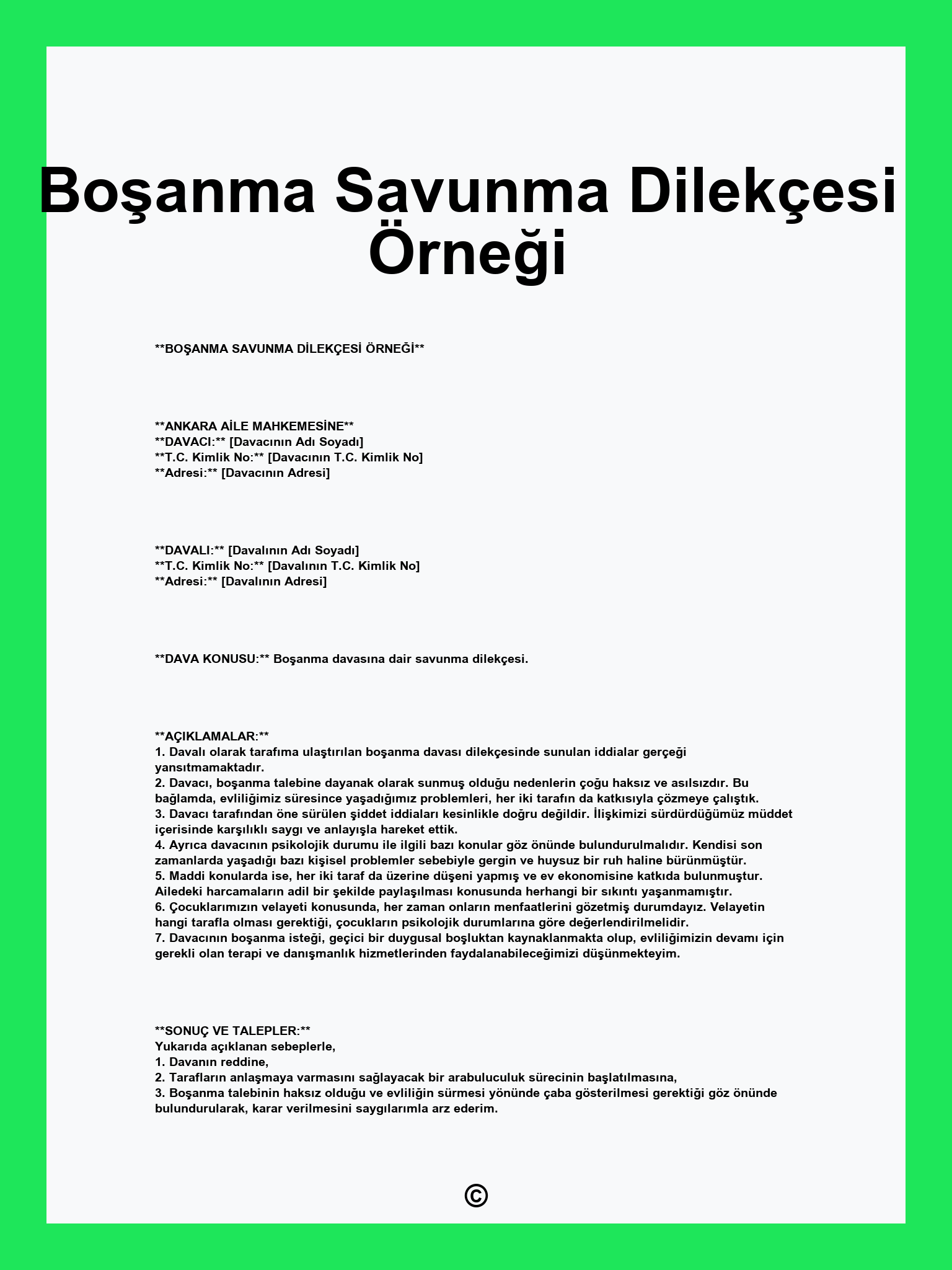 Boşanma Savunma Dilekçesi Örneği