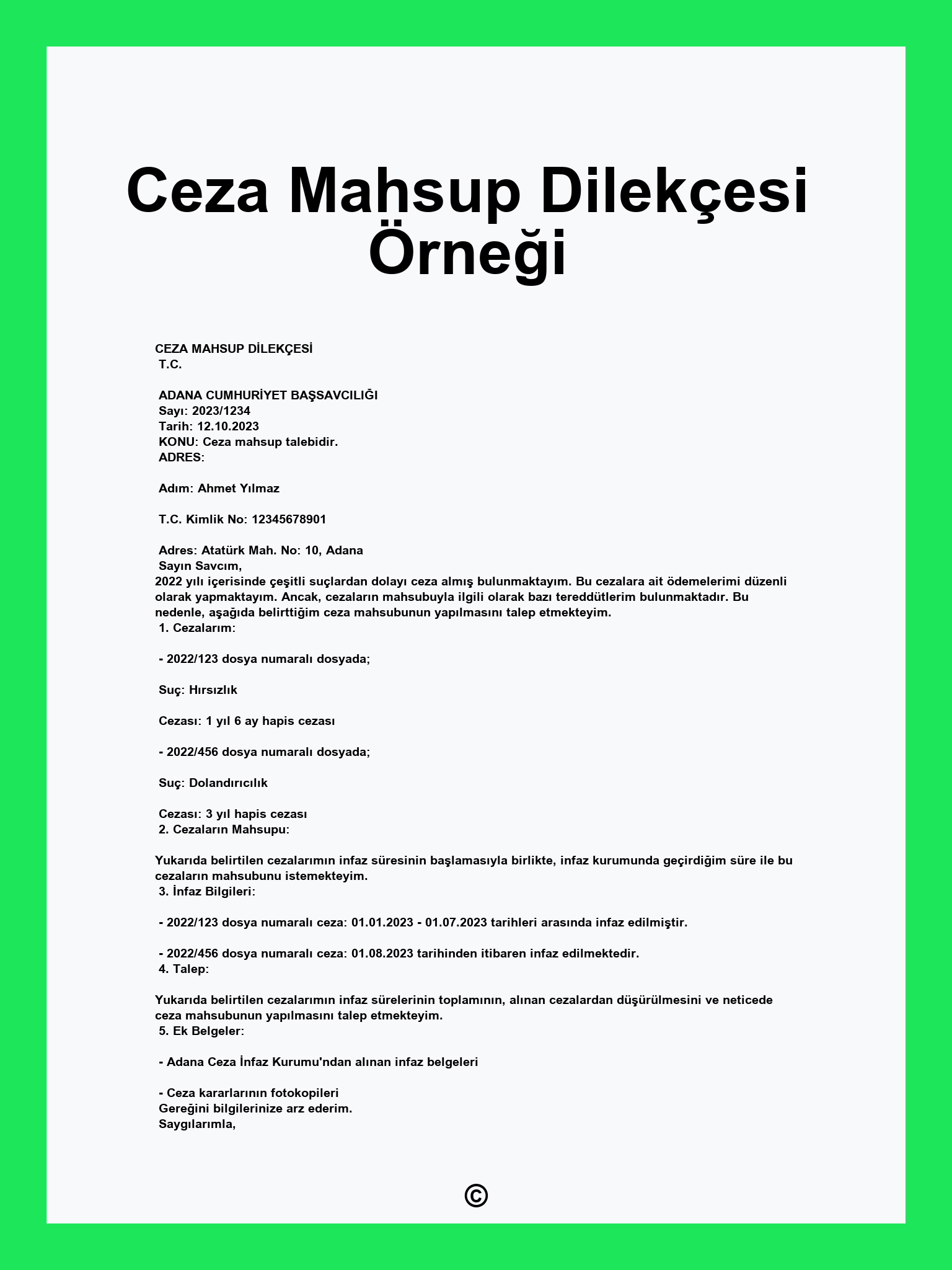 Ceza Mahsup Dilekçesi Örneği