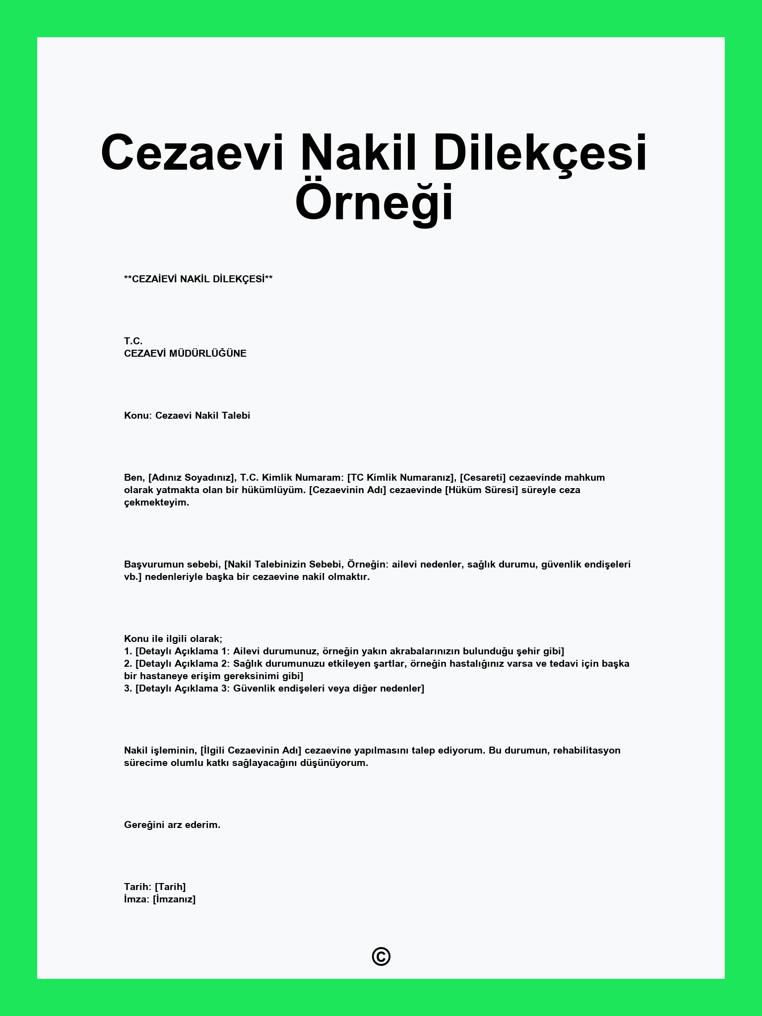 Cezaevi Nakil Dilekçesi Örneği