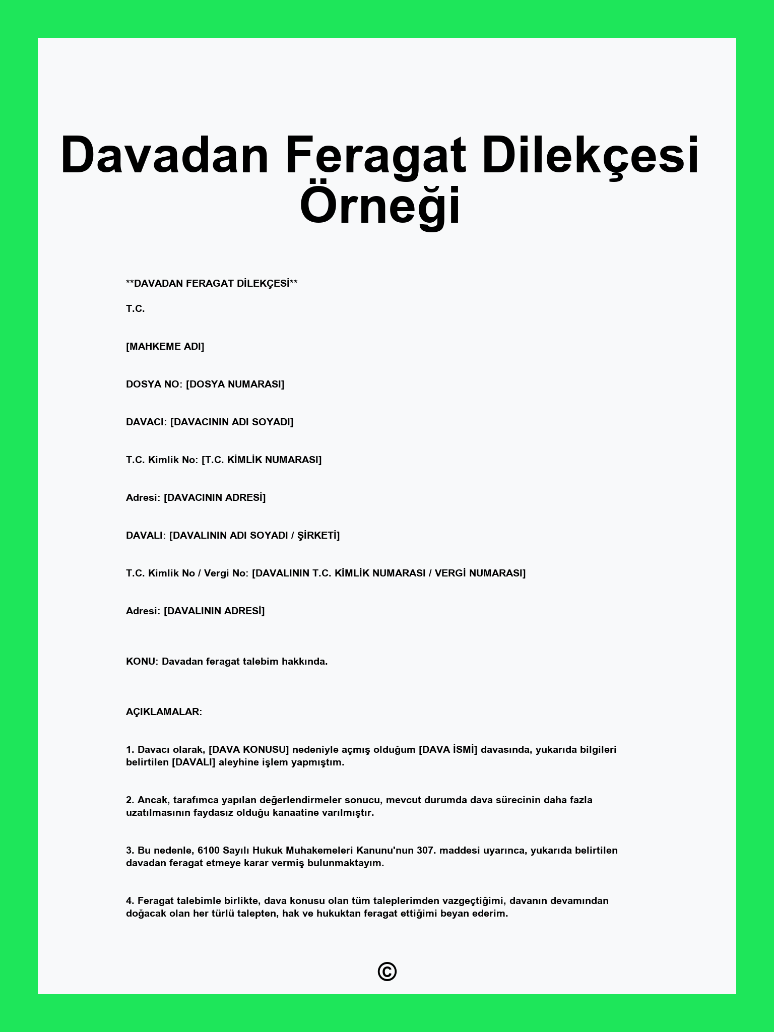 Davadan Feragat Dilekçesi Örneği