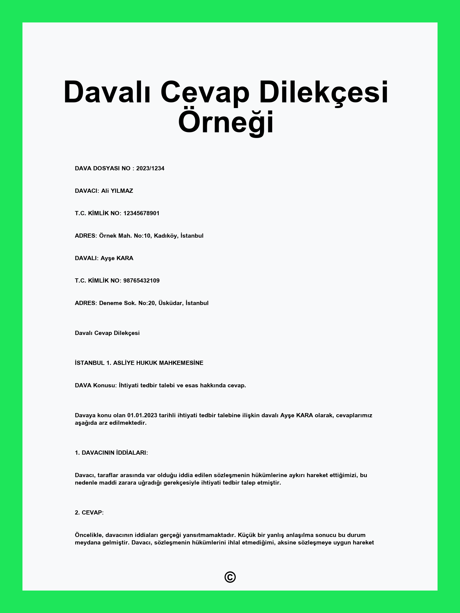 Davalı Cevap Dilekçesi Örneği