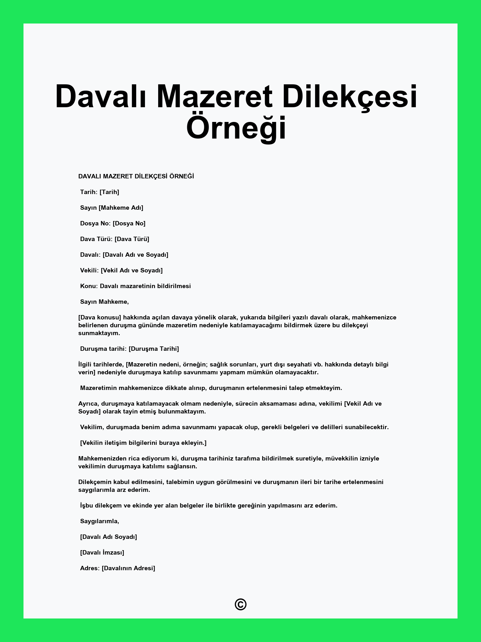 Davalı Mazeret Dilekçesi Örneği
