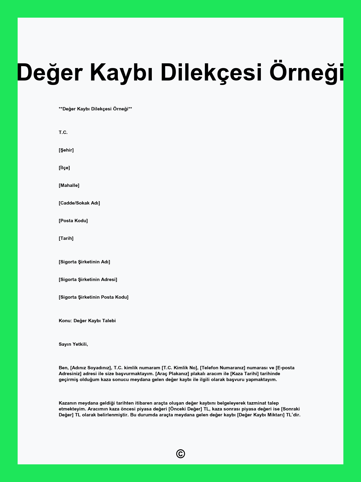 Değer Kaybı Dilekçesi Örneği