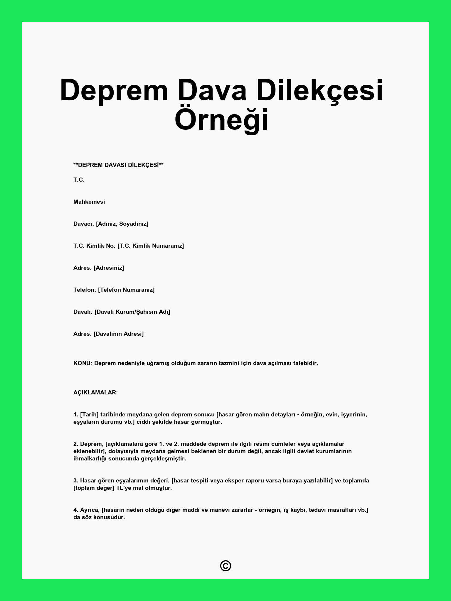Deprem Dava Dilekçesi Örneği