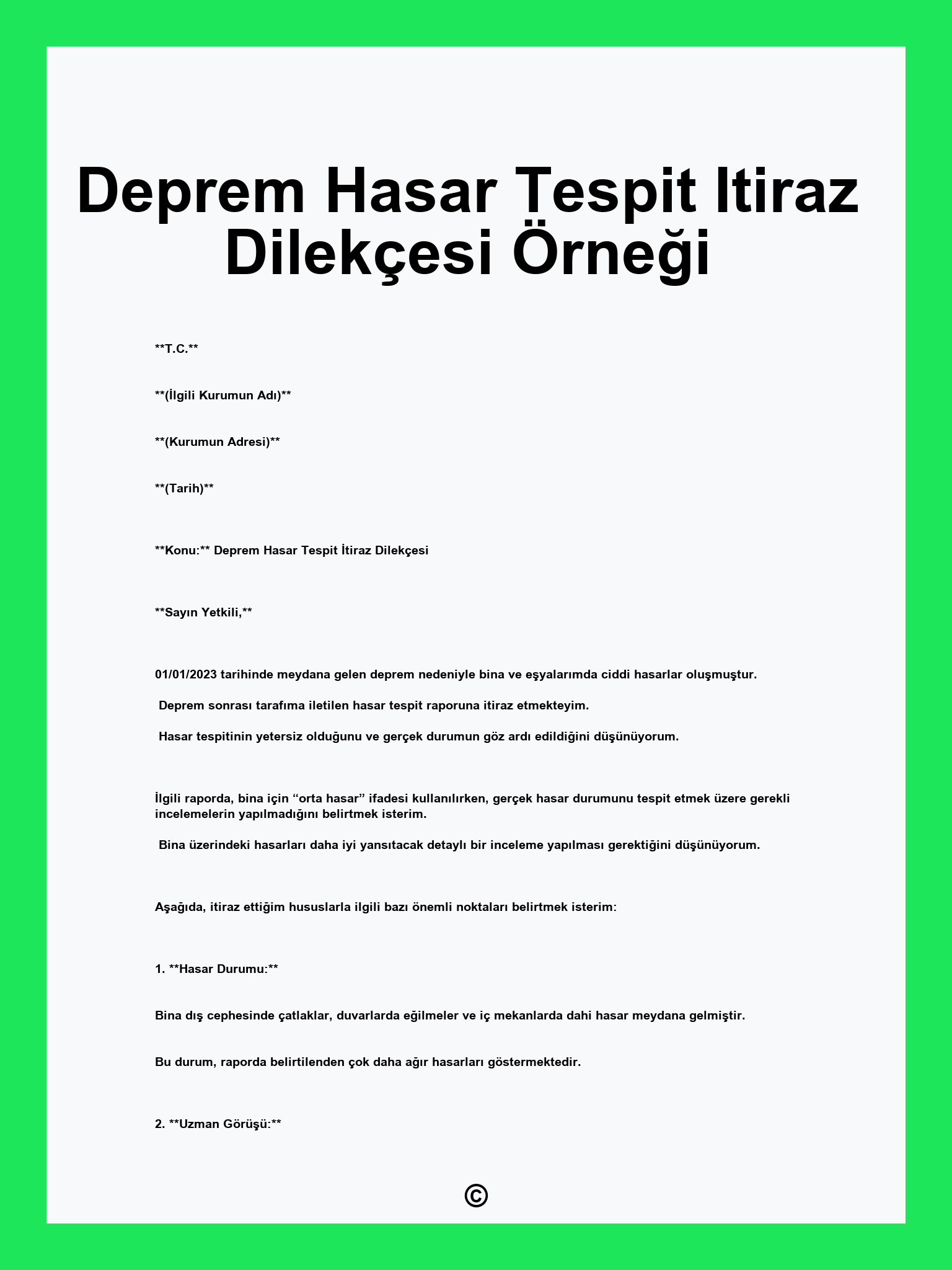 Deprem Hasar Tespit Itiraz Dilekçesi Örneği