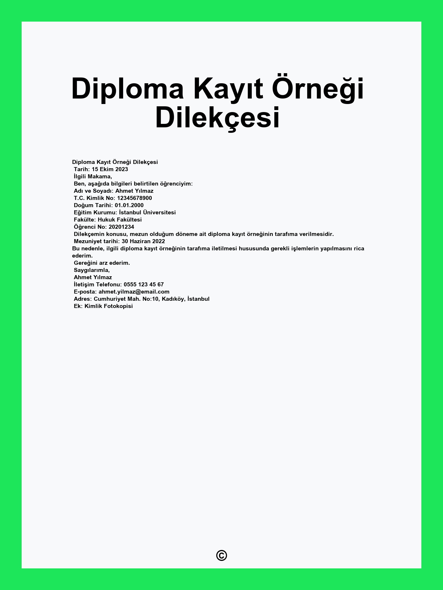 Diploma Kayıt Örneği Dilekçesi