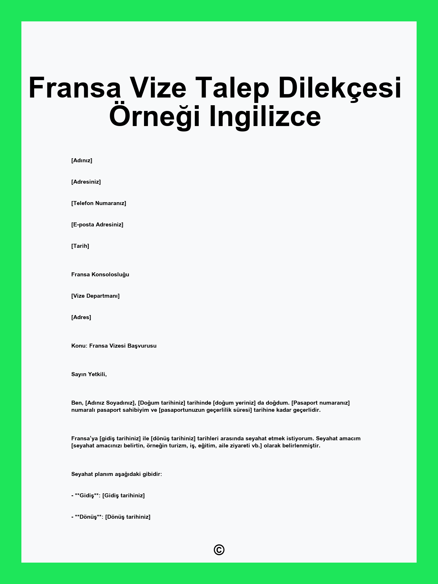 Fransa Vize Talep Dilekçesi Örneği Ingilizce