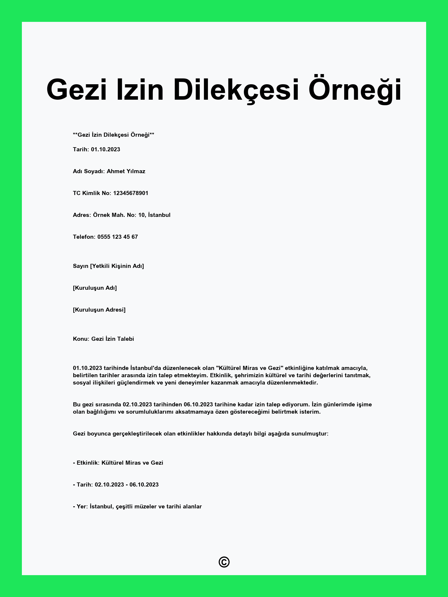 Gezi Izin Dilekçesi Örneği