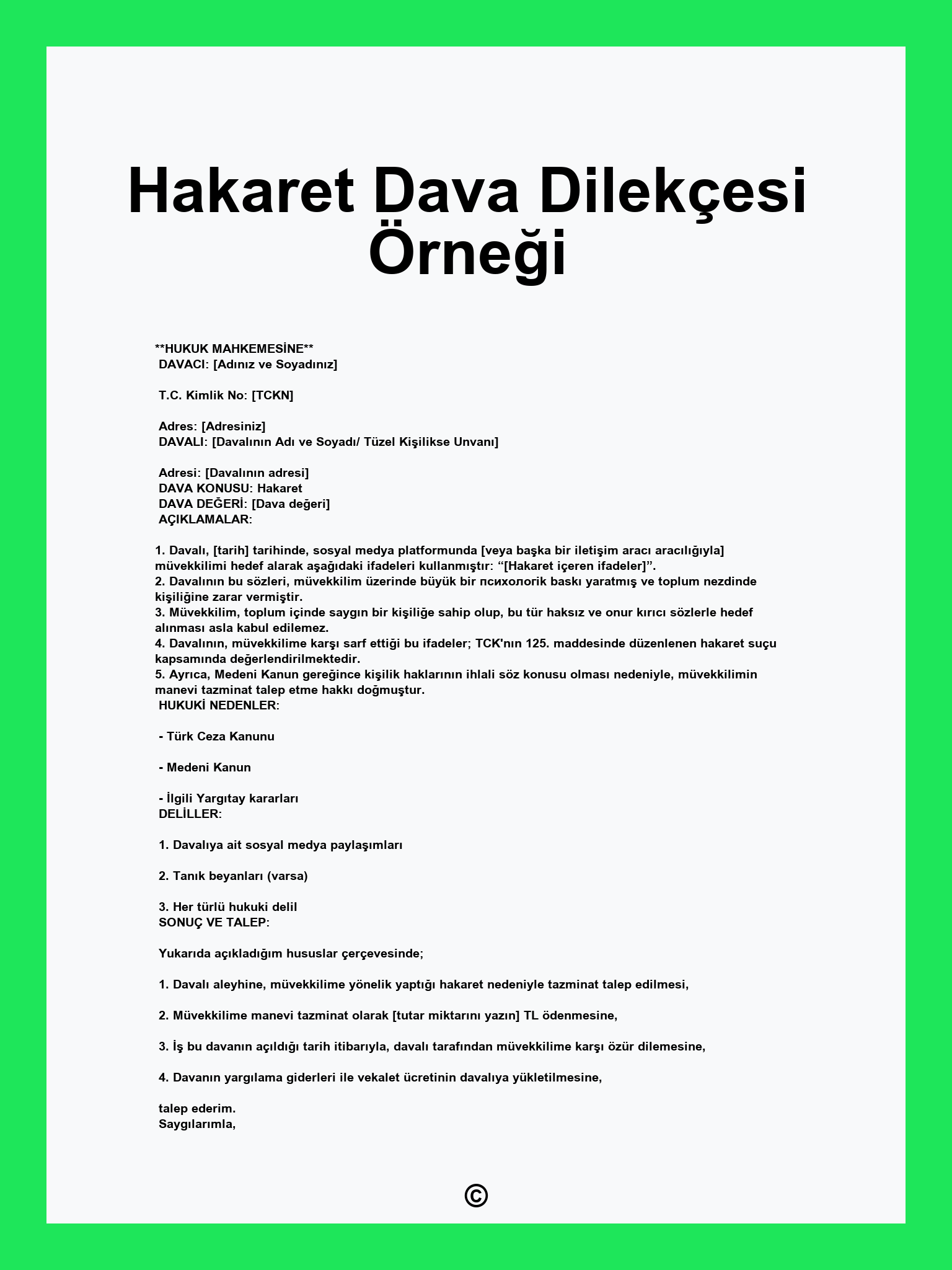 Hakaret Dava Dilekçesi Örneği