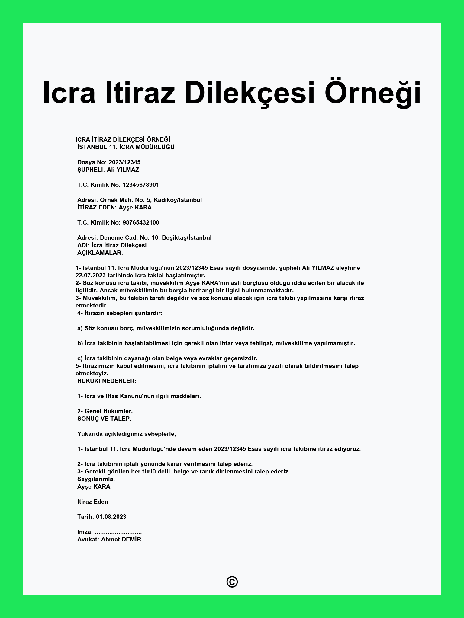 Icra Itiraz Dilekçesi Örneği