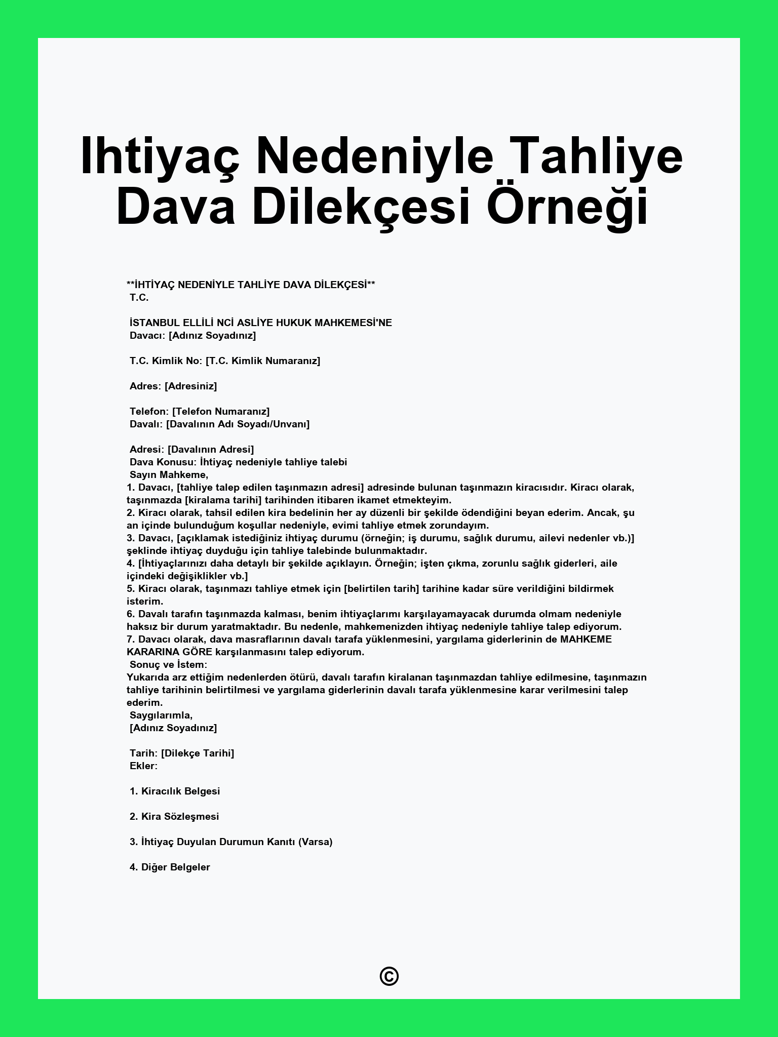 Ihtiyaç Nedeniyle Tahliye Dava Dilekçesi Örneği
