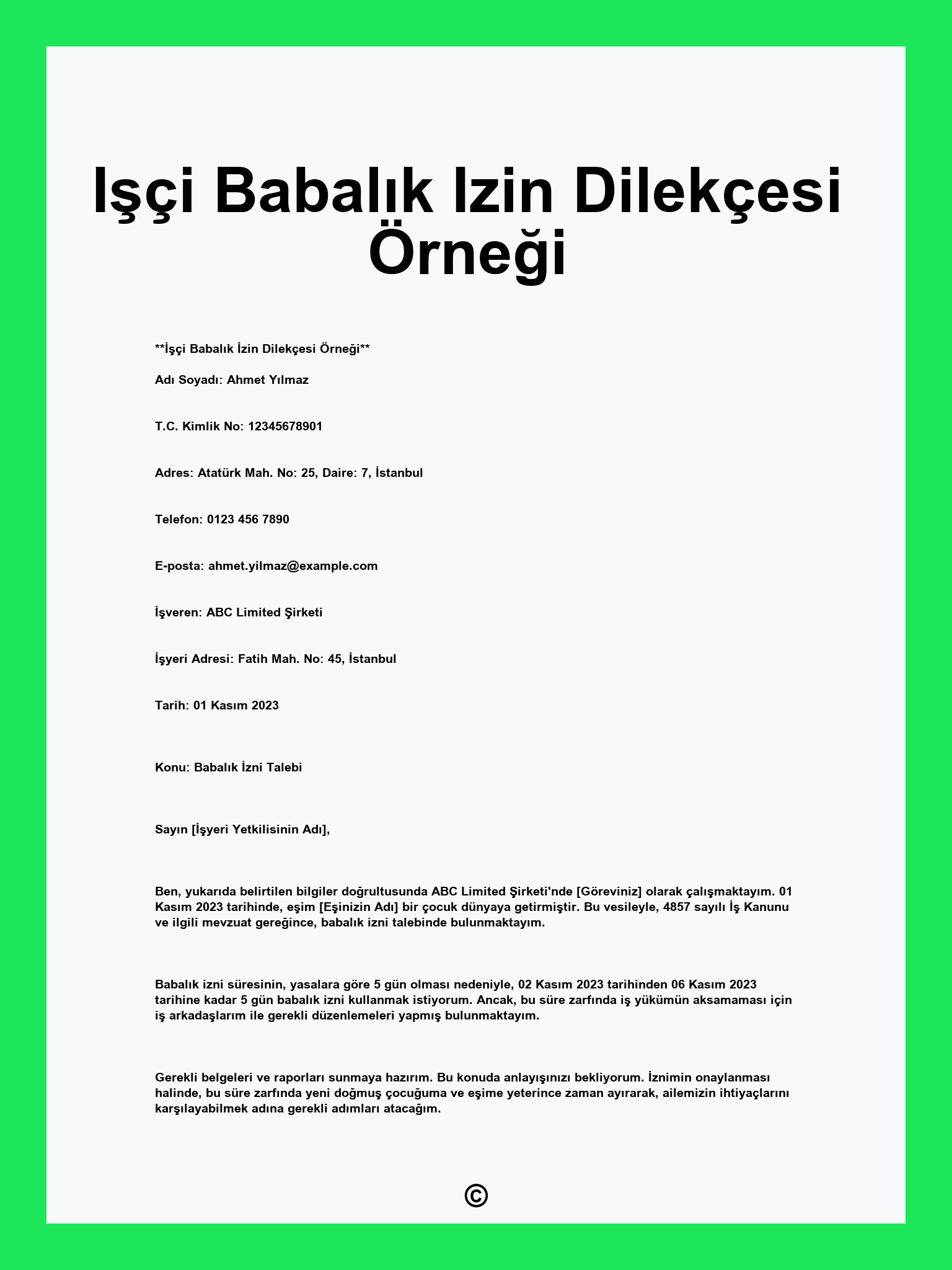 Işçi Babalık Izin Dilekçesi Örneği