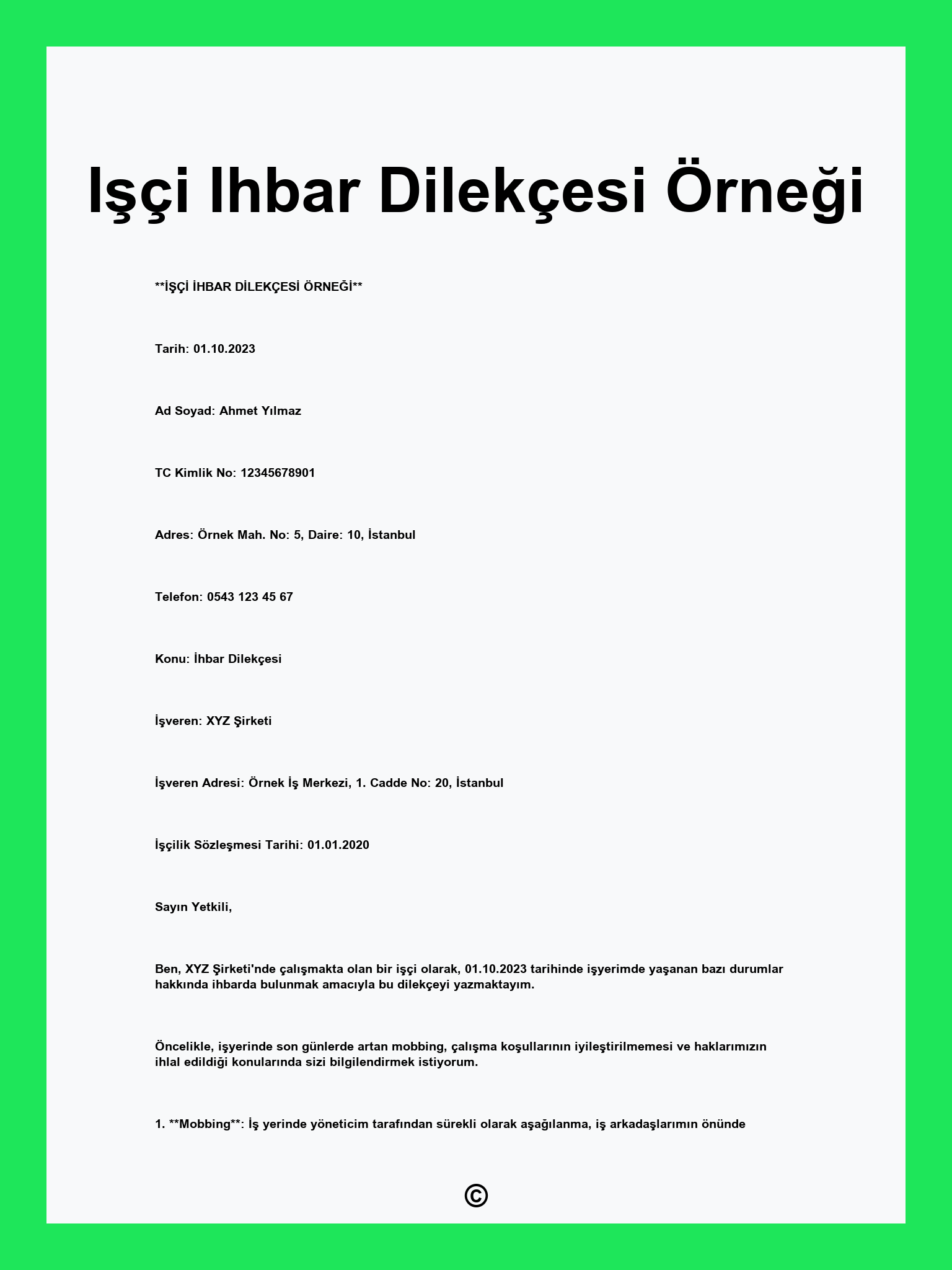 Işçi Ihbar Dilekçesi Örneği