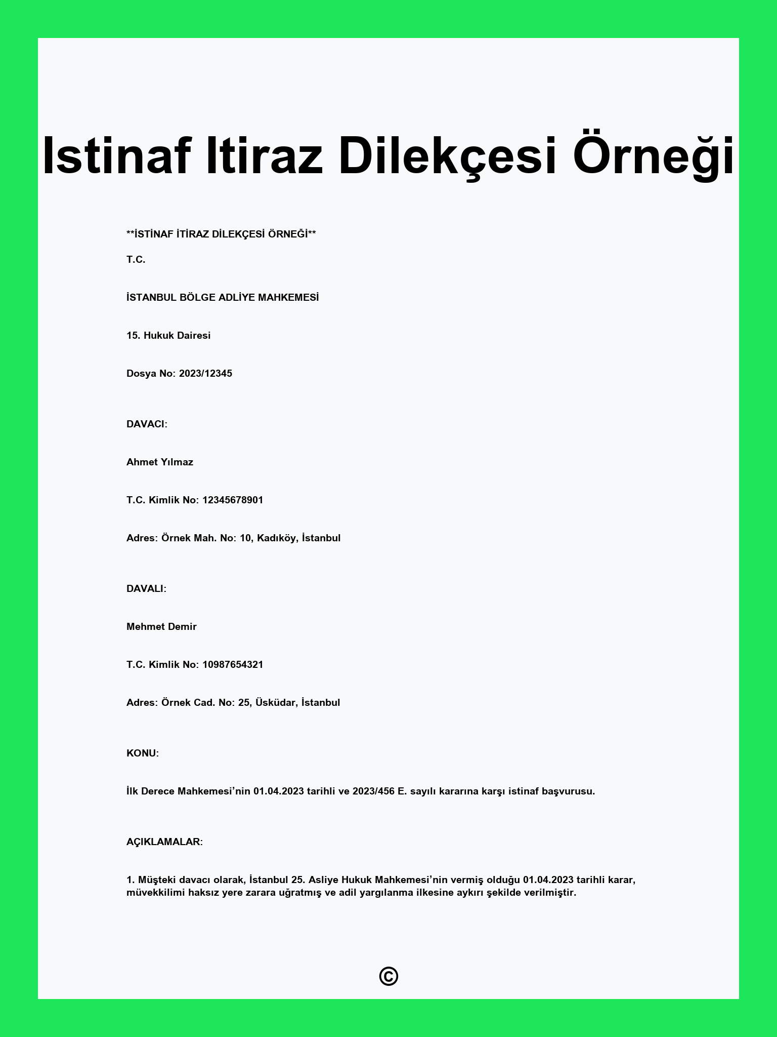Istinaf Itiraz Dilekçesi Örneği