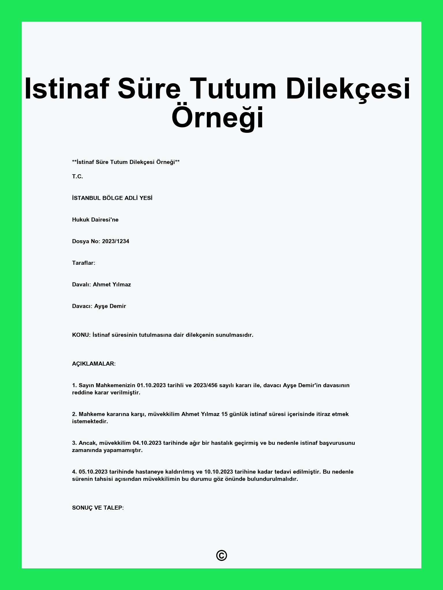 Istinaf Süre Tutum Dilekçesi Örneği