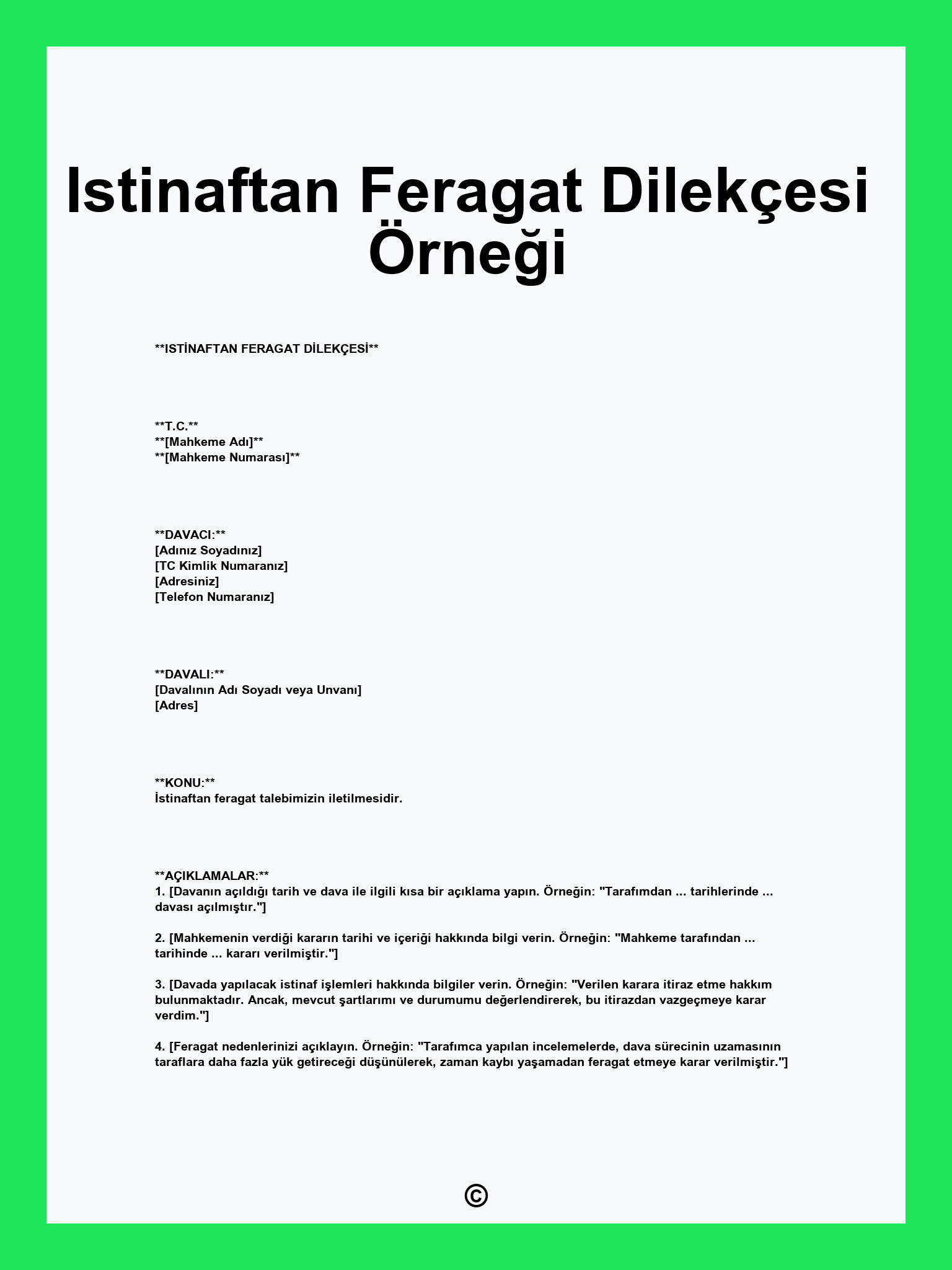 Istinaftan Feragat Dilekçesi Örneği