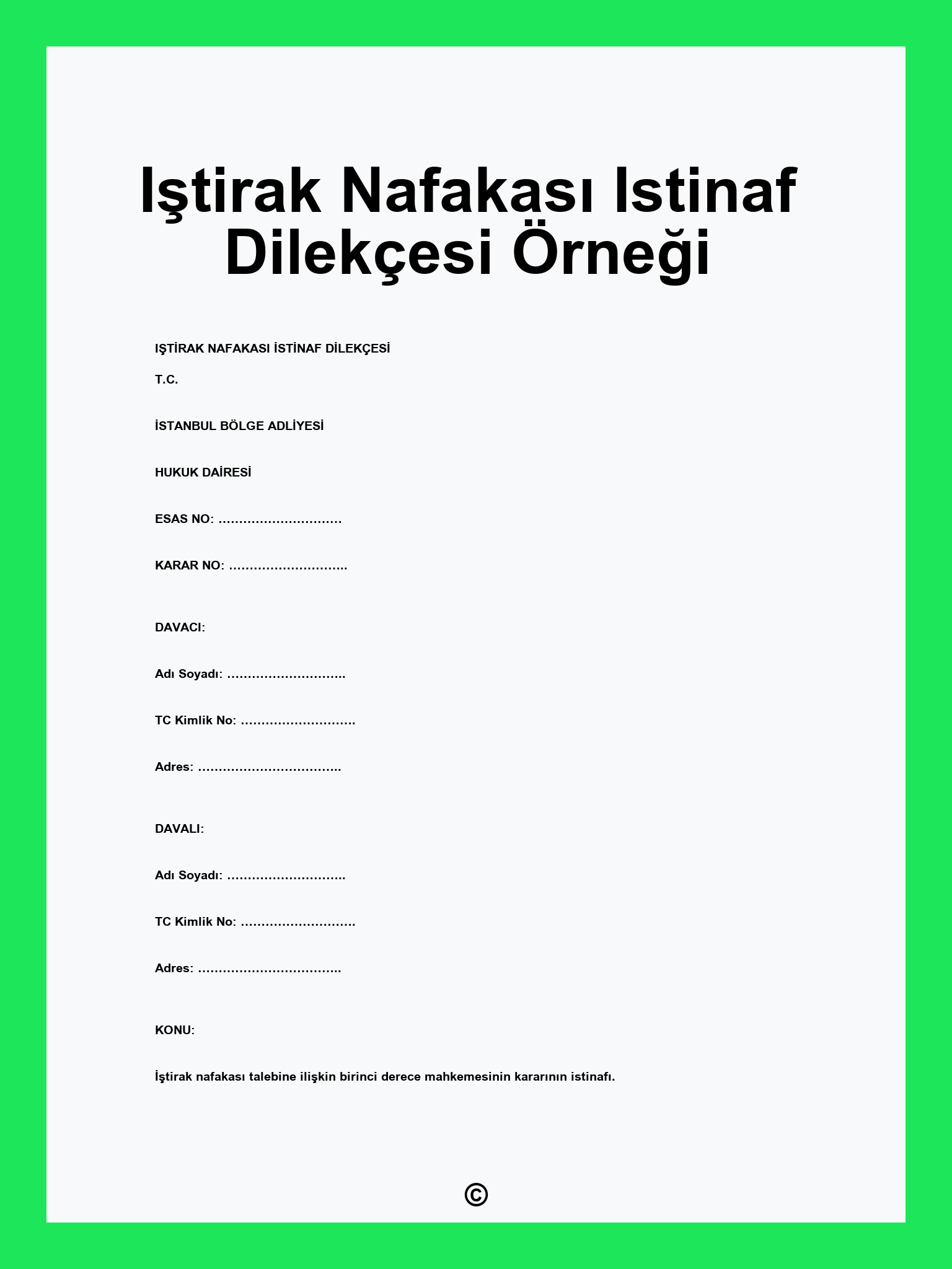 Iştirak Nafakası Istinaf Dilekçesi Örneği