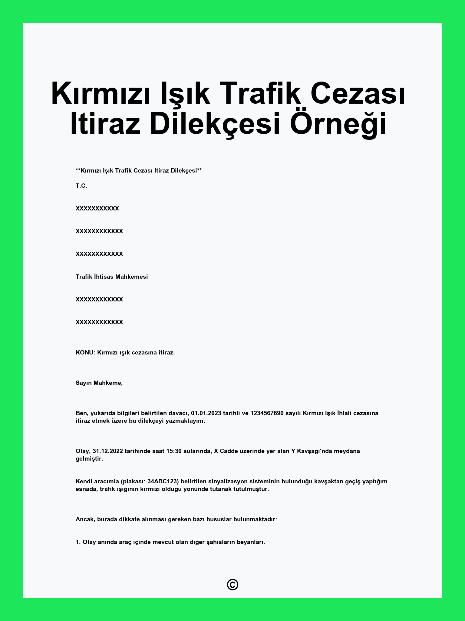 Kırmızı Işık Trafik Cezası Itiraz Dilekçesi Örneği