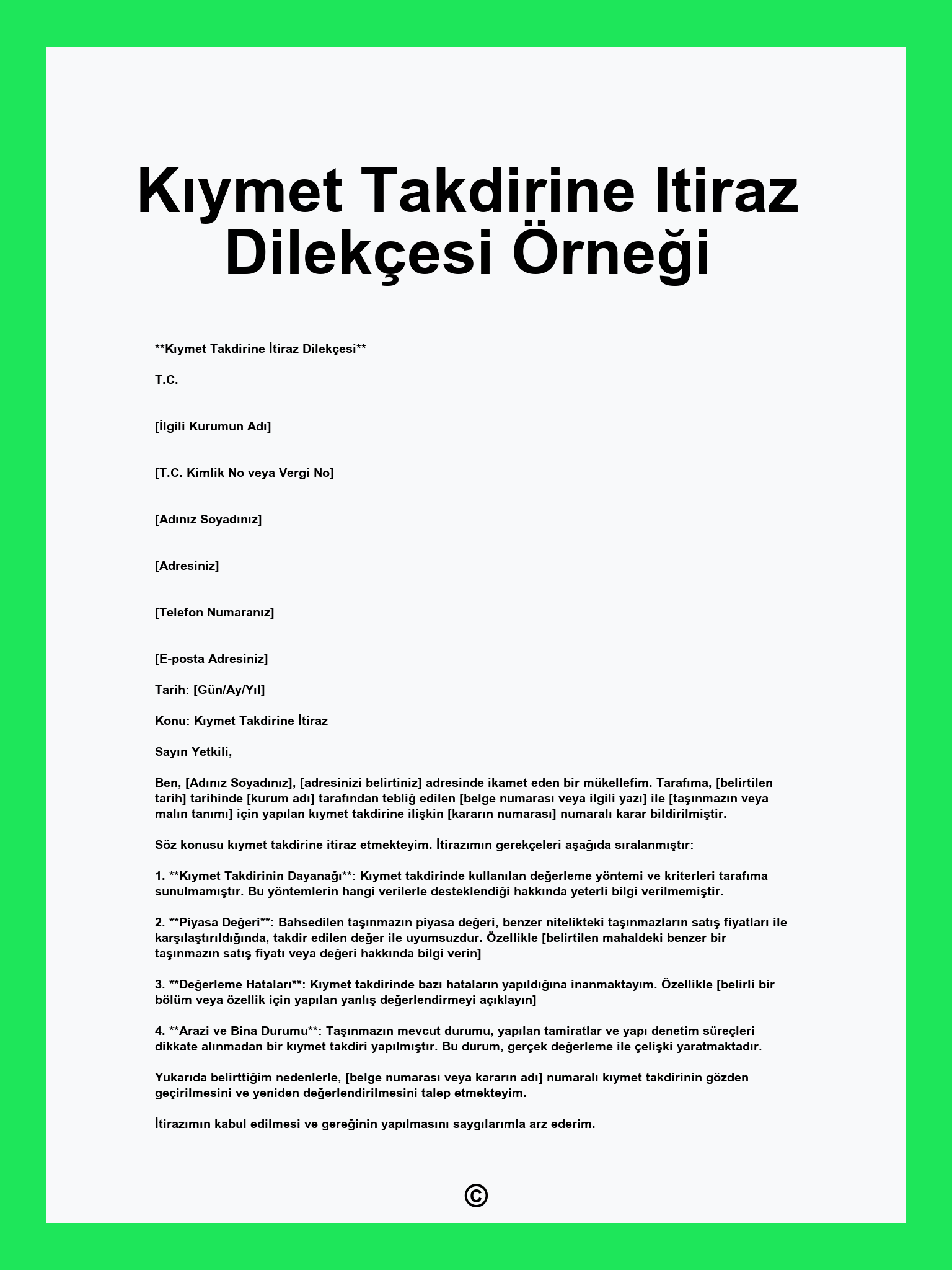 Kıymet Takdirine Itiraz Dilekçesi Örneği
