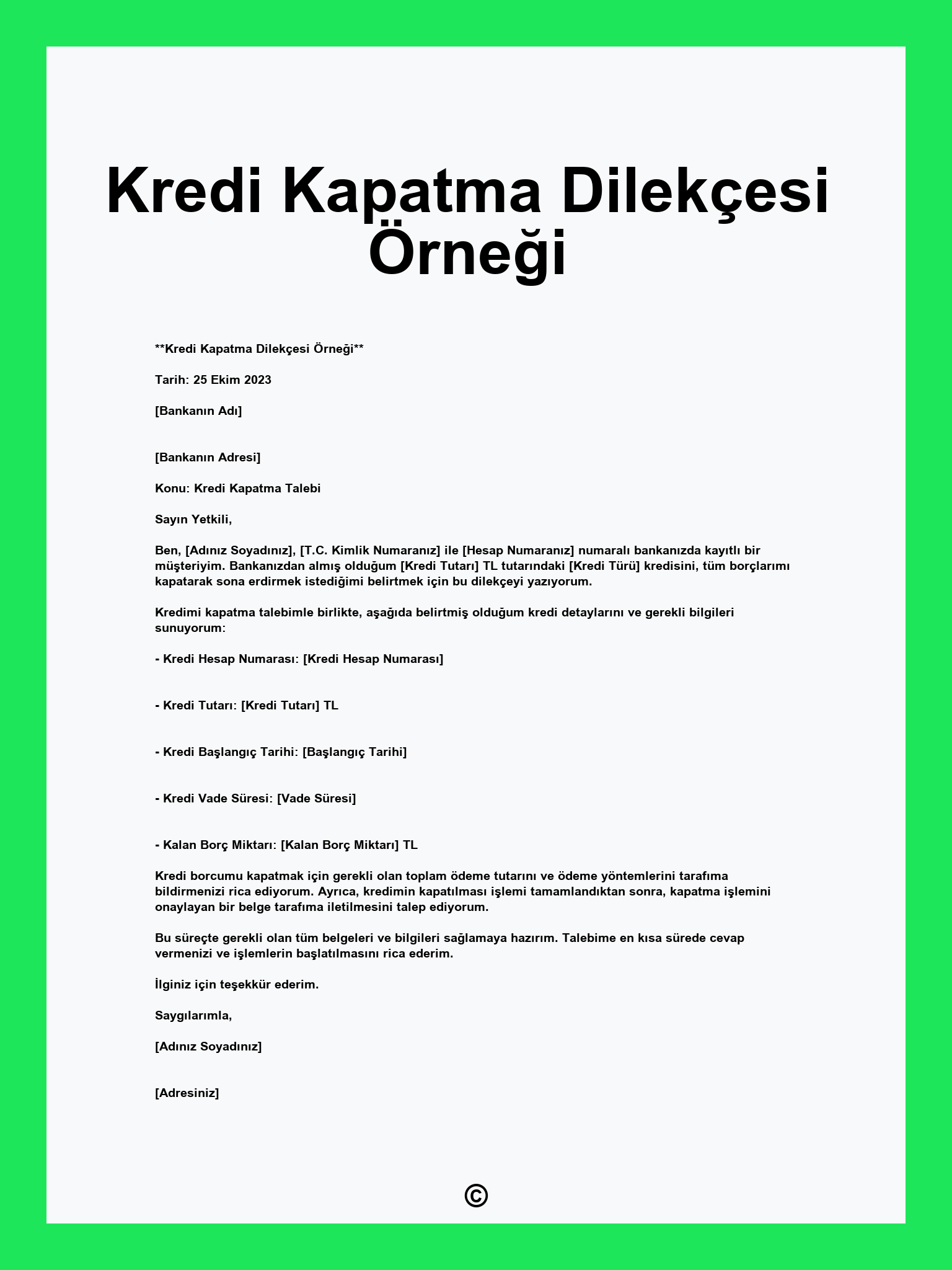 Kredi Kapatma Dilekçesi Örneği