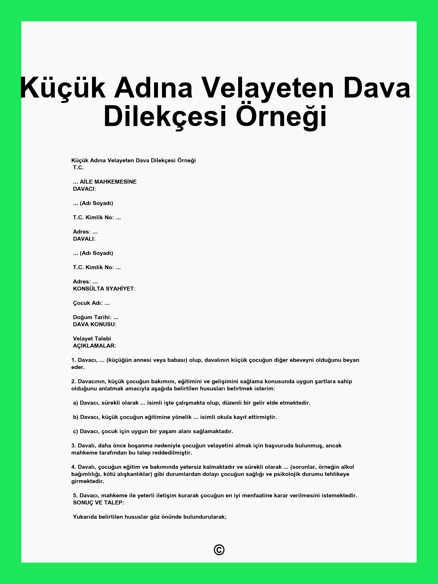 Küçük Adına Velayeten Dava Dilekçesi Örneği
