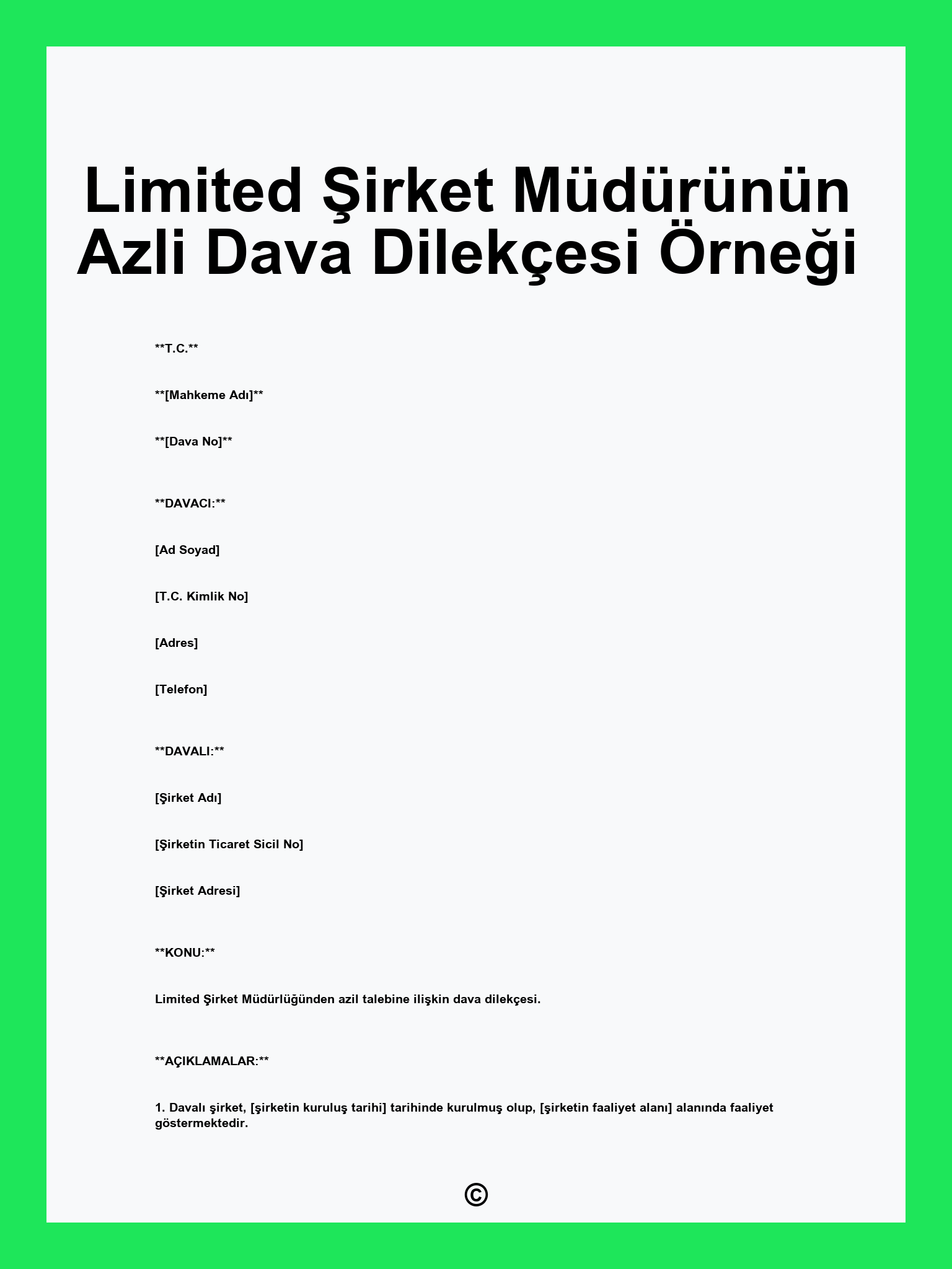Limited Şirket Müdürünün Azli Dava Dilekçesi Örneği