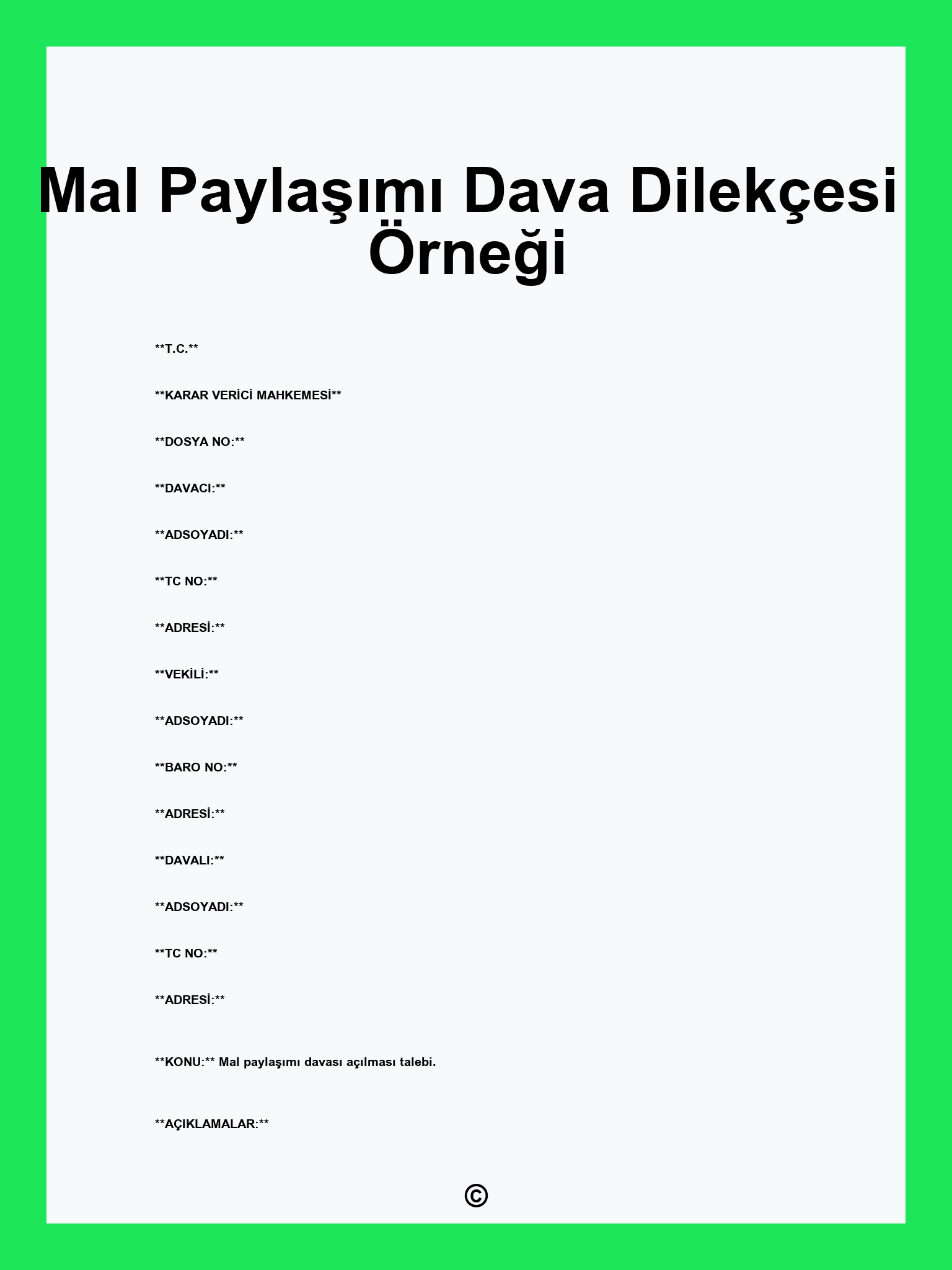 Mal Paylaşımı Dava Dilekçesi Örneği