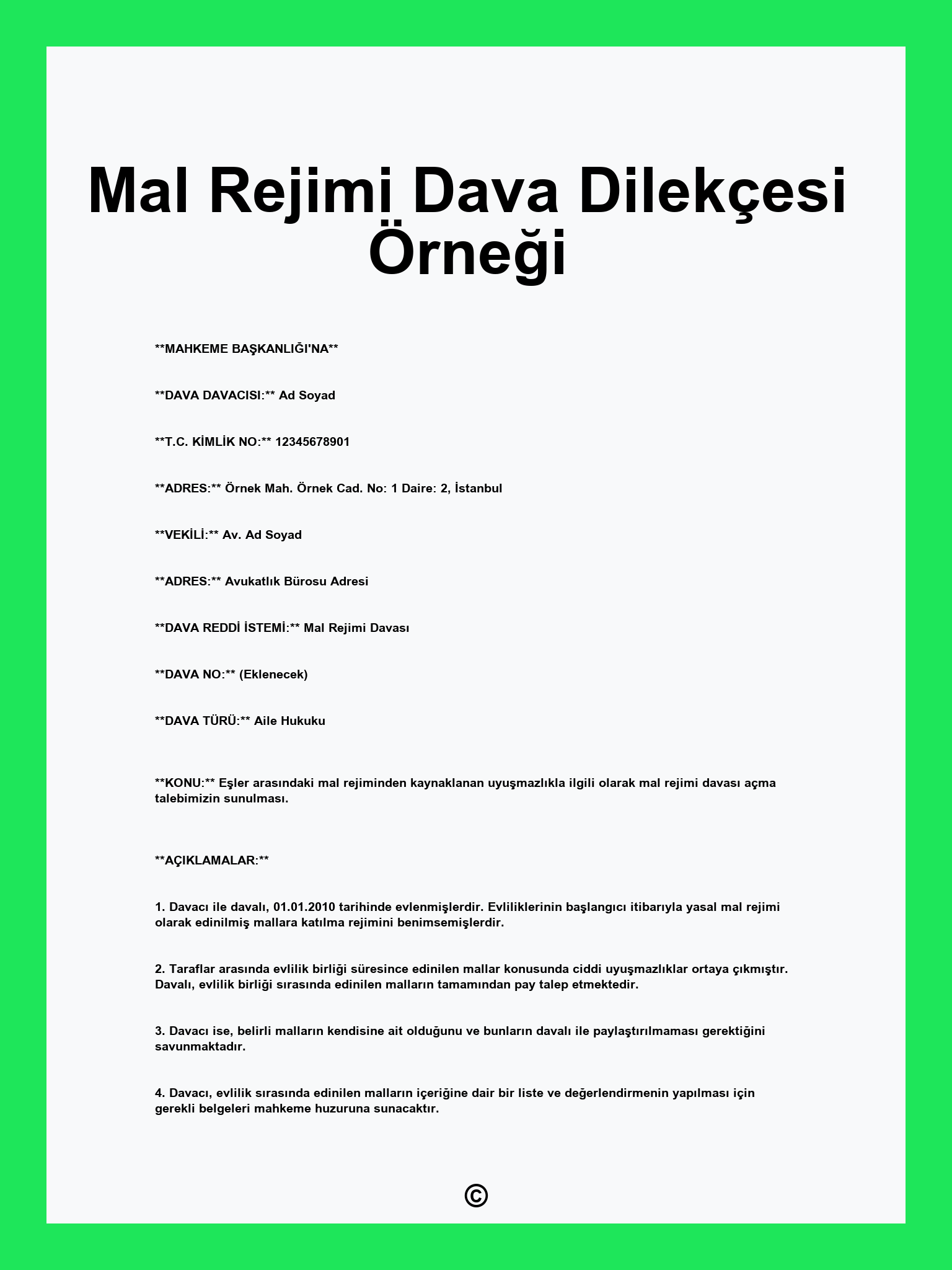 Mal Rejimi Dava Dilekçesi Örneği