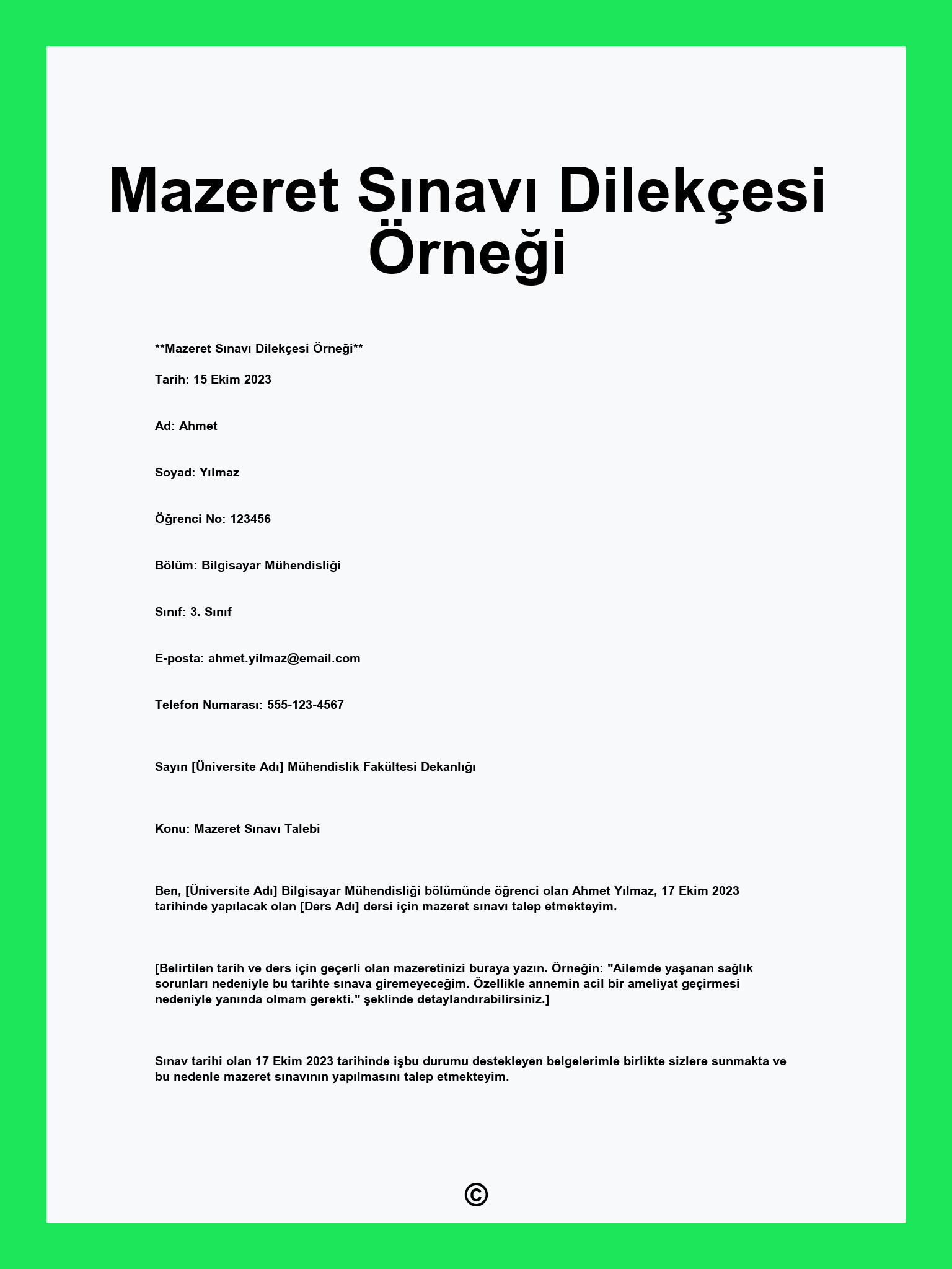 Mazeret Sınavı Dilekçesi Örneği