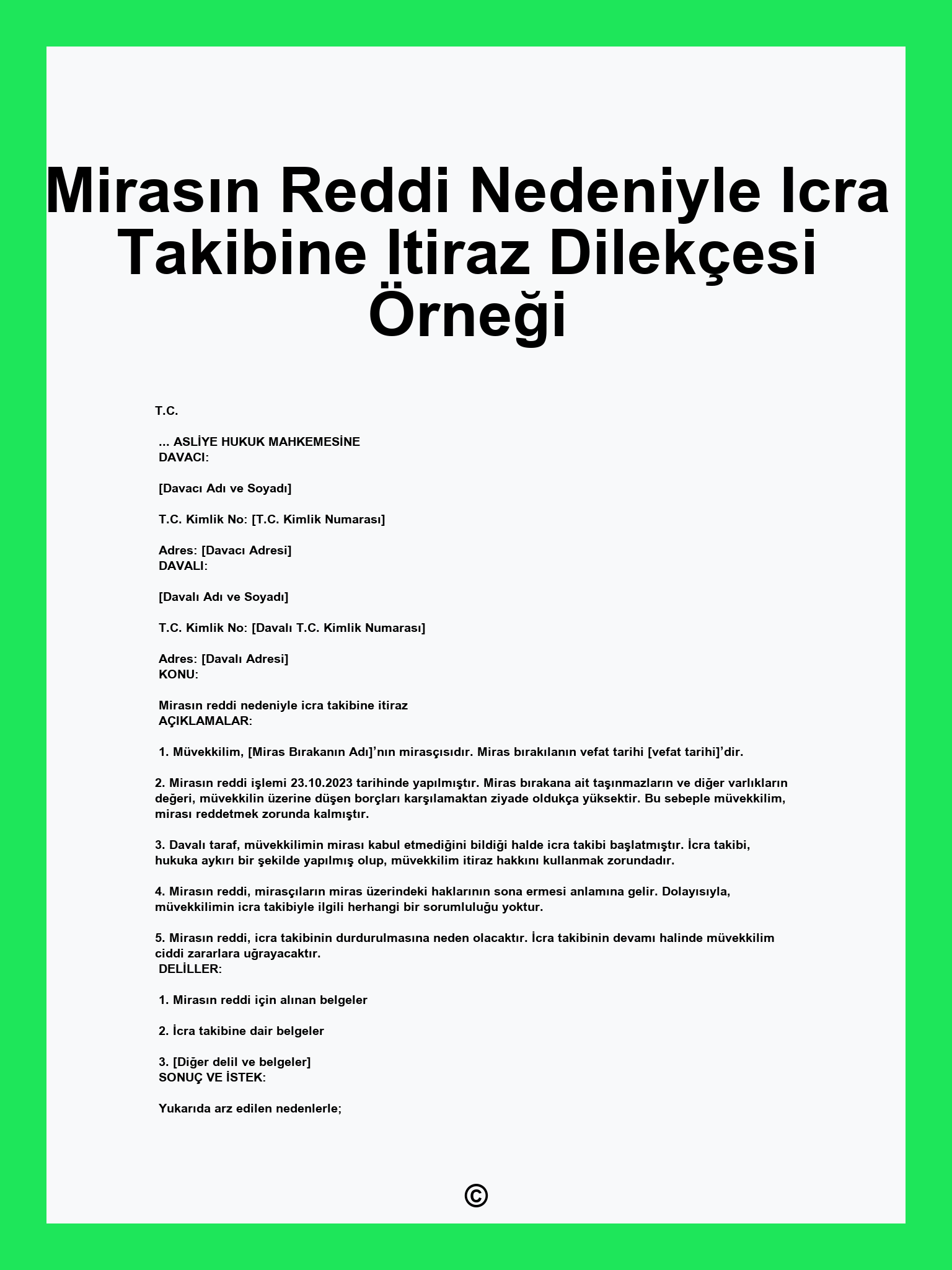 Mirasın Reddi Nedeniyle Icra Takibine Itiraz Dilekçesi Örneği