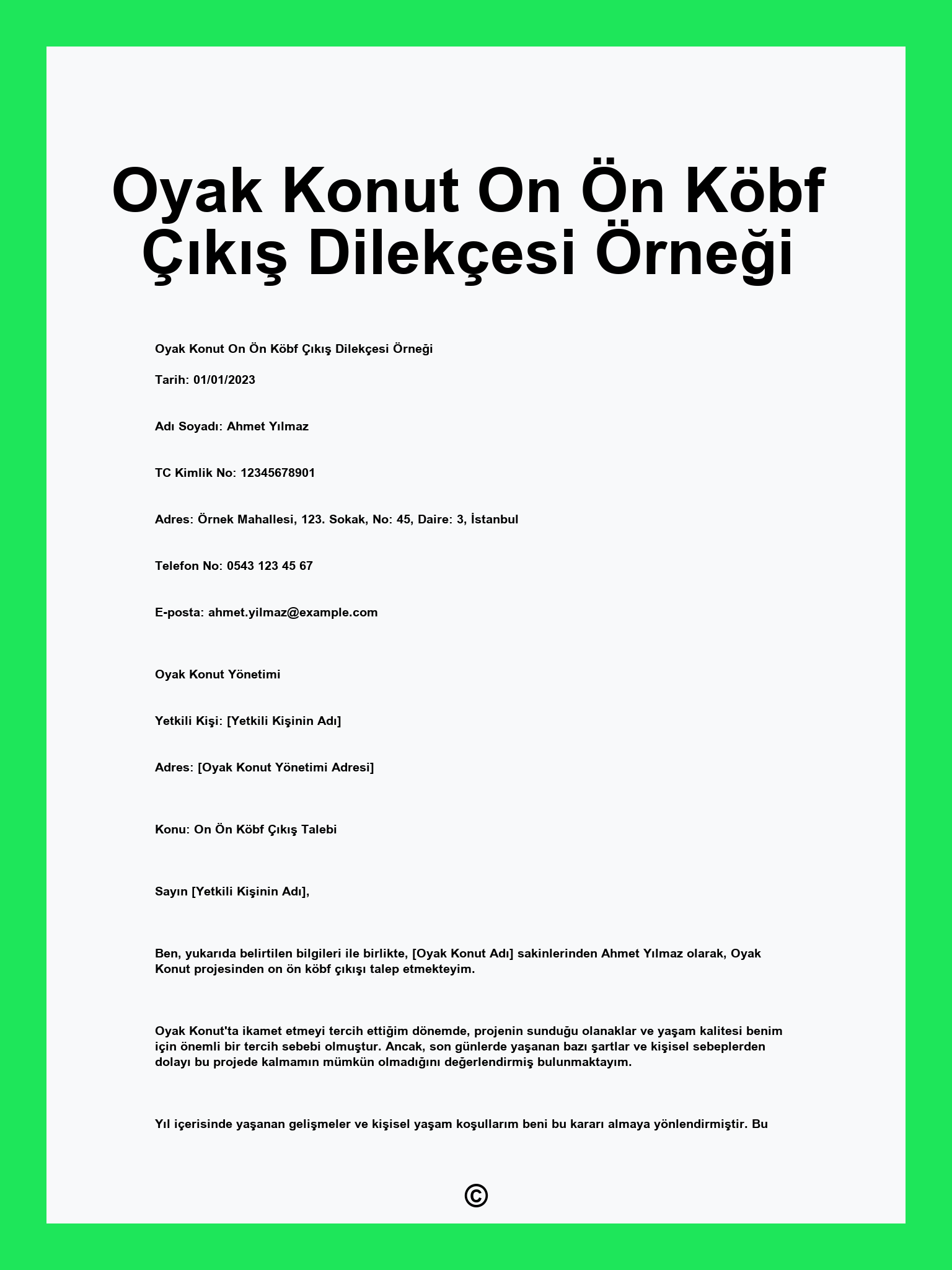 Oyak Konut On Ön Köbf Çıkış Dilekçesi Örneği