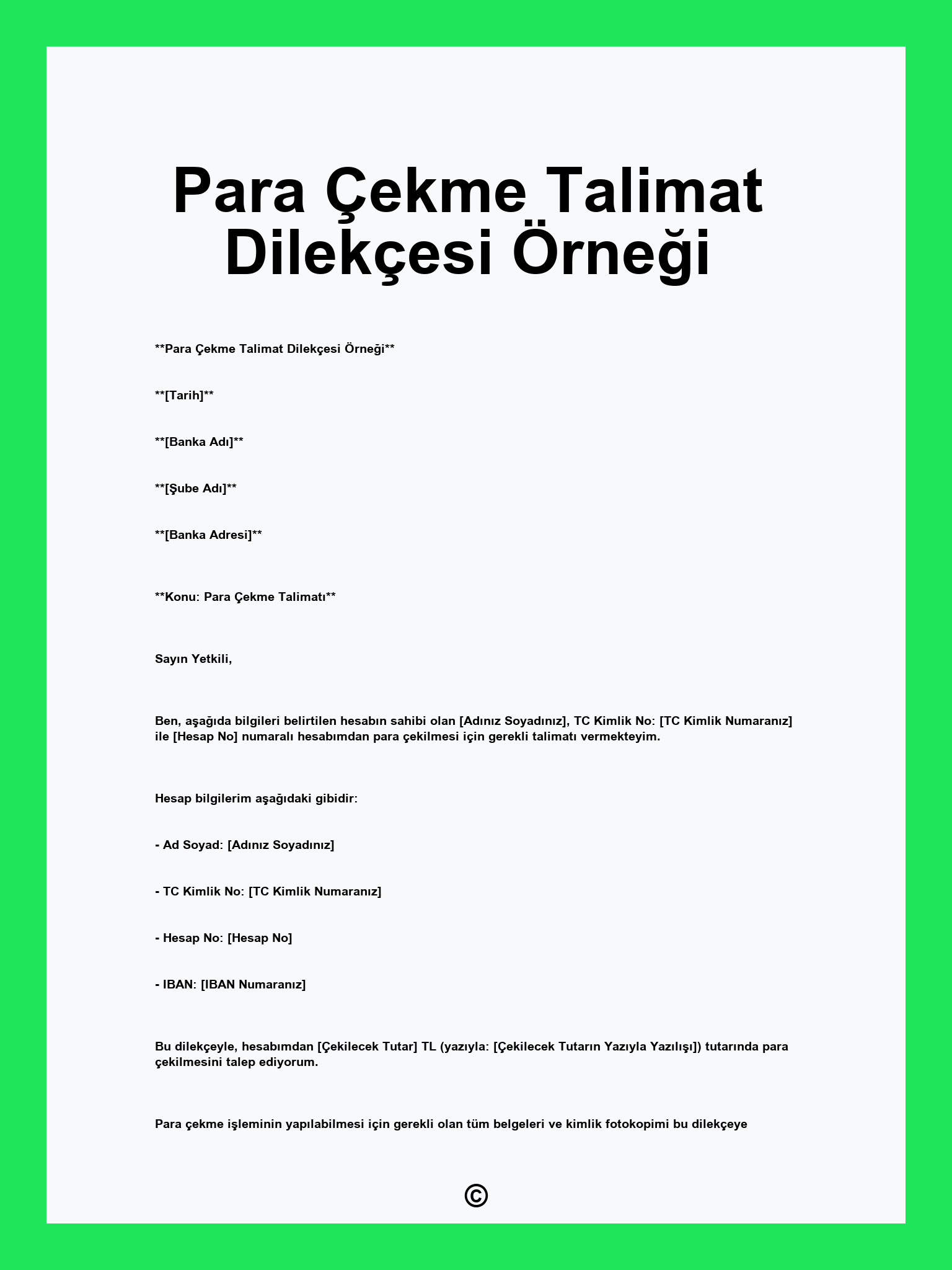 Para Çekme Talimat Dilekçesi Örneği