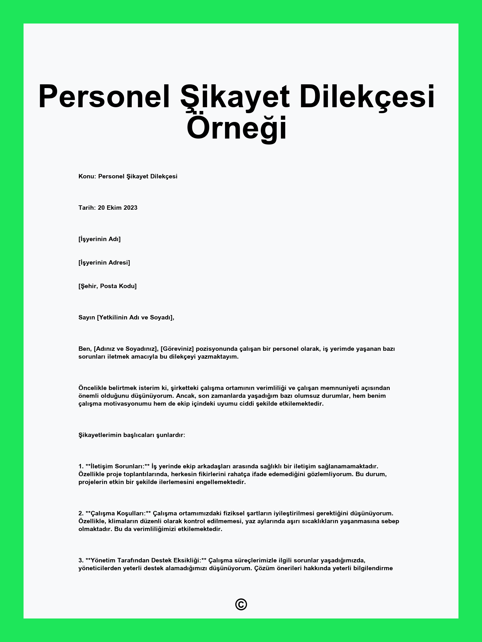Personel Şikayet Dilekçesi Örneği