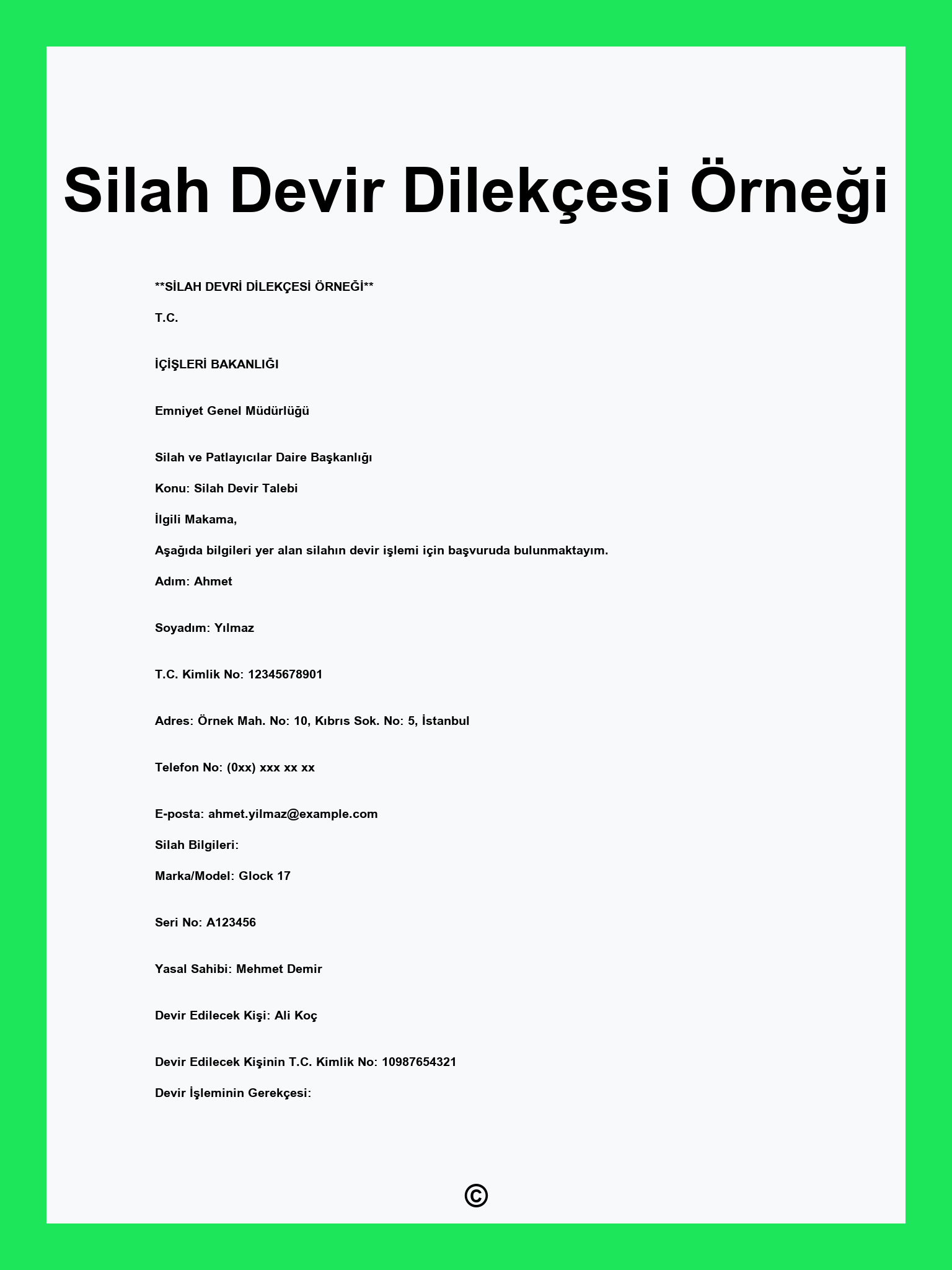 Silah Devir Dilekçesi Örneği