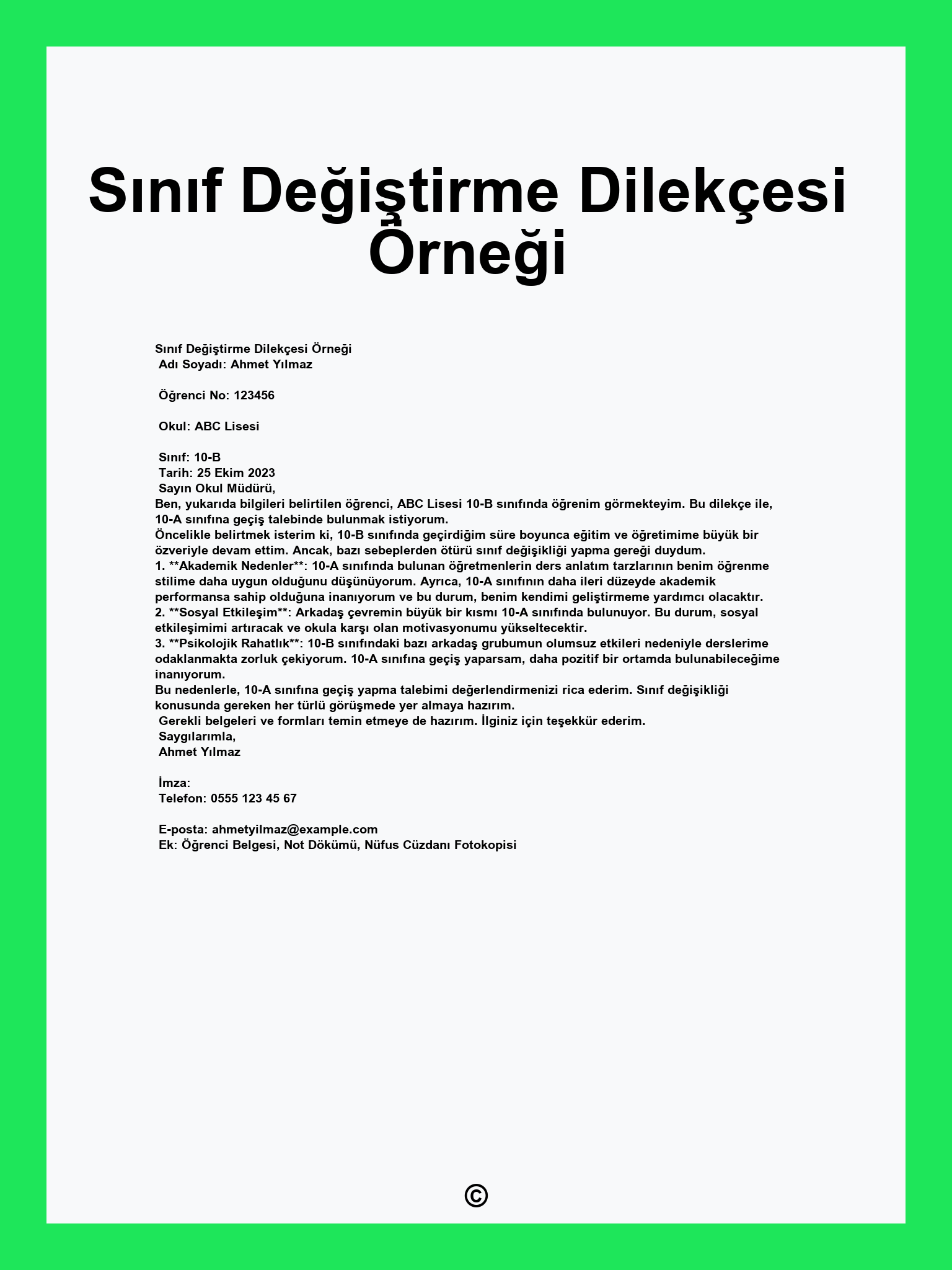 Sınıf Değiştirme Dilekçesi Örneği