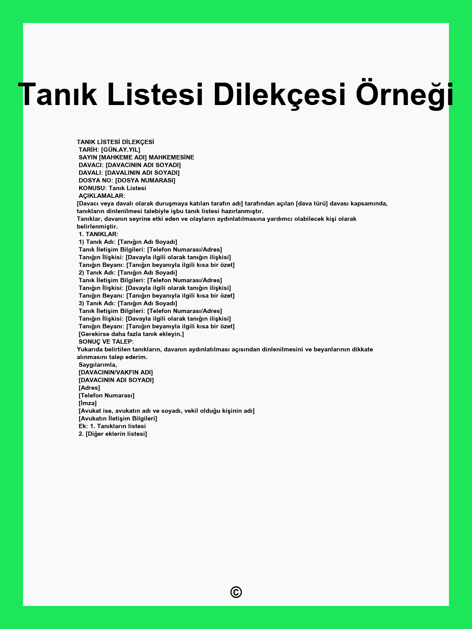 Tanık Listesi Dilekçesi Örneği