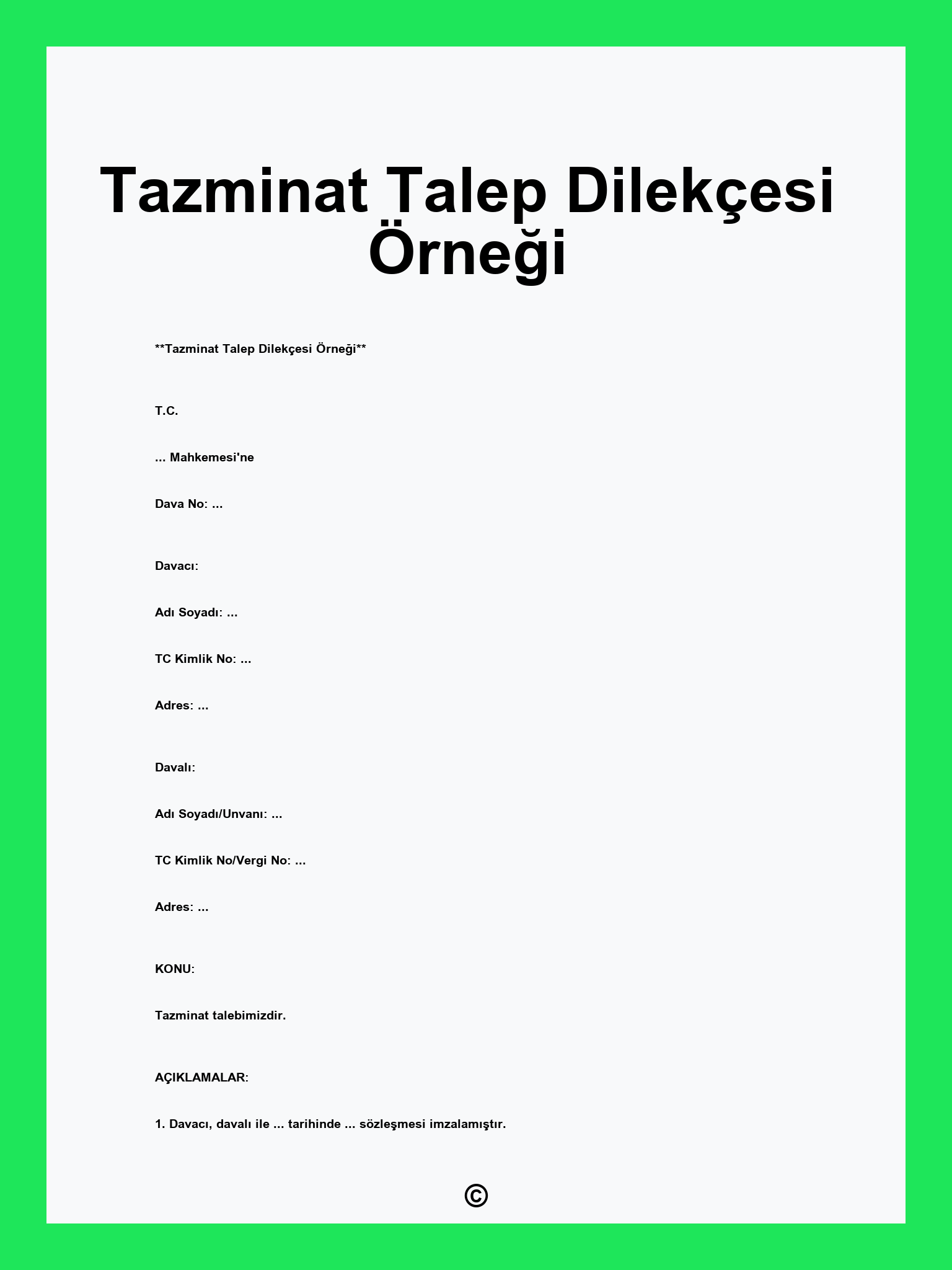 Tazminat Talep Dilekçesi Örneği