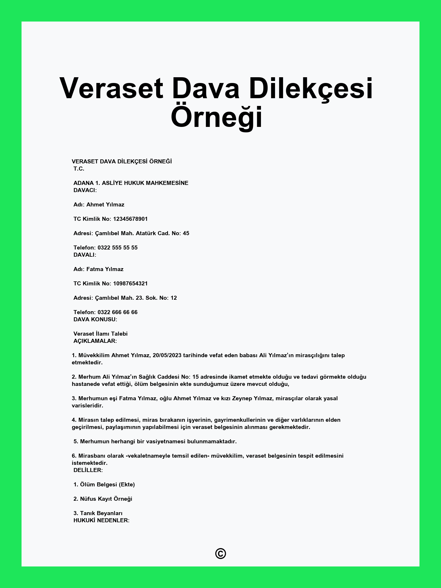 Veraset Dava Dilekçesi Örneği