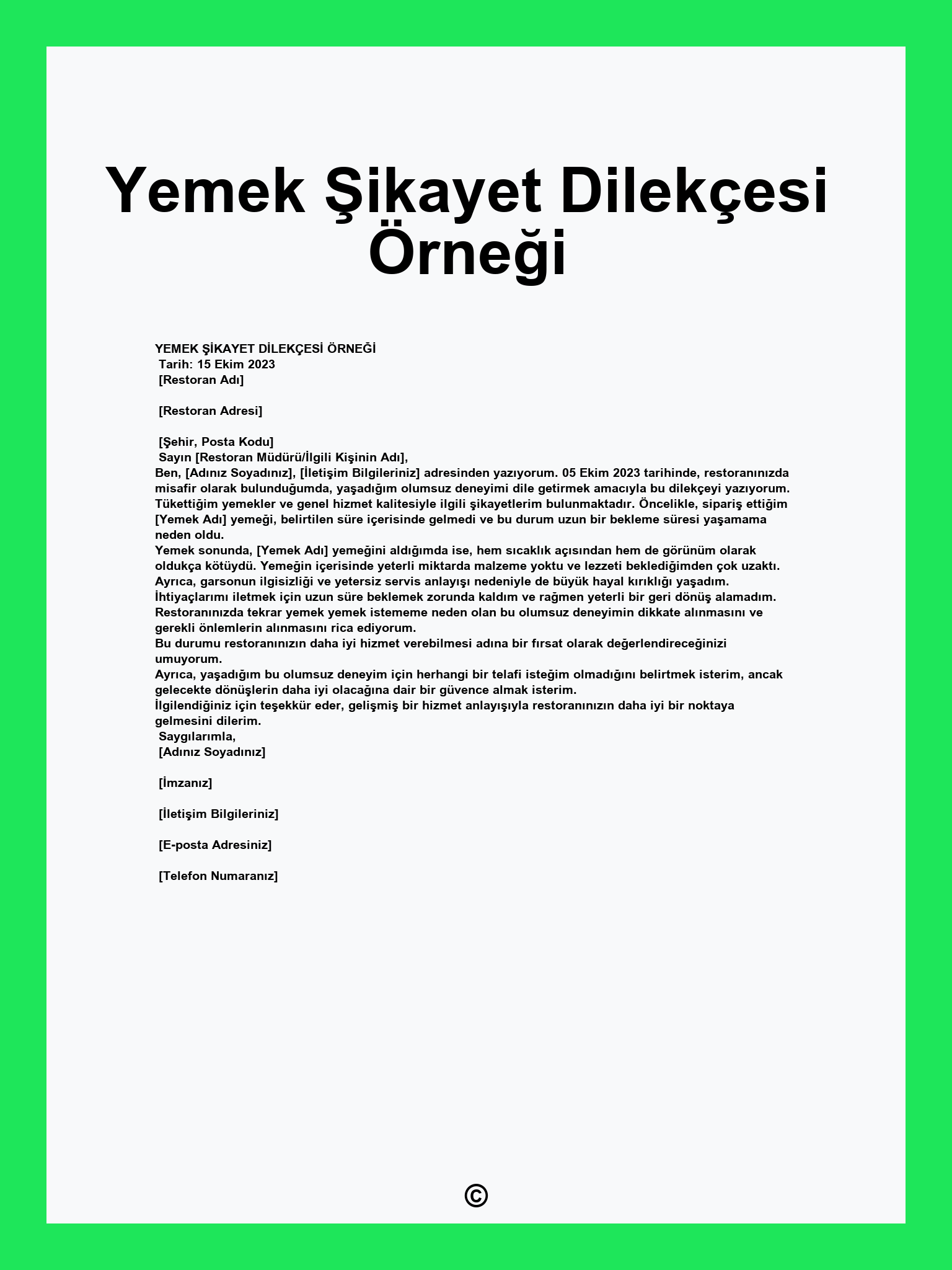 Yemek Şikayet Dilekçesi Örneği